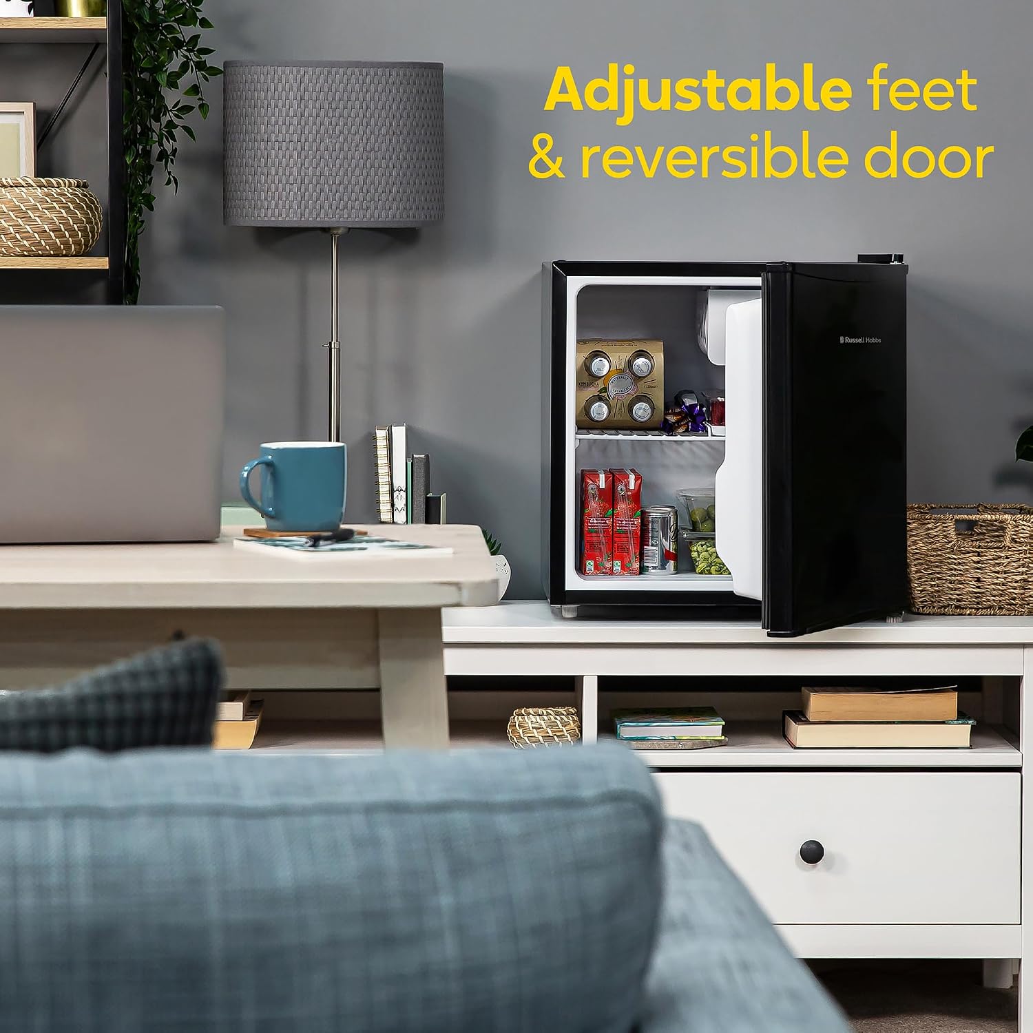Russell Hobbs Tisch-Speisekammer, Mini-Kühlschrank, 43 Liter Fassungsvermögen, wendbare Tür & verstellbare Füße, kleiner Kühlschrank, manuelle Temperaturregelung, Eisbox, schwarz RHTTF0E1B