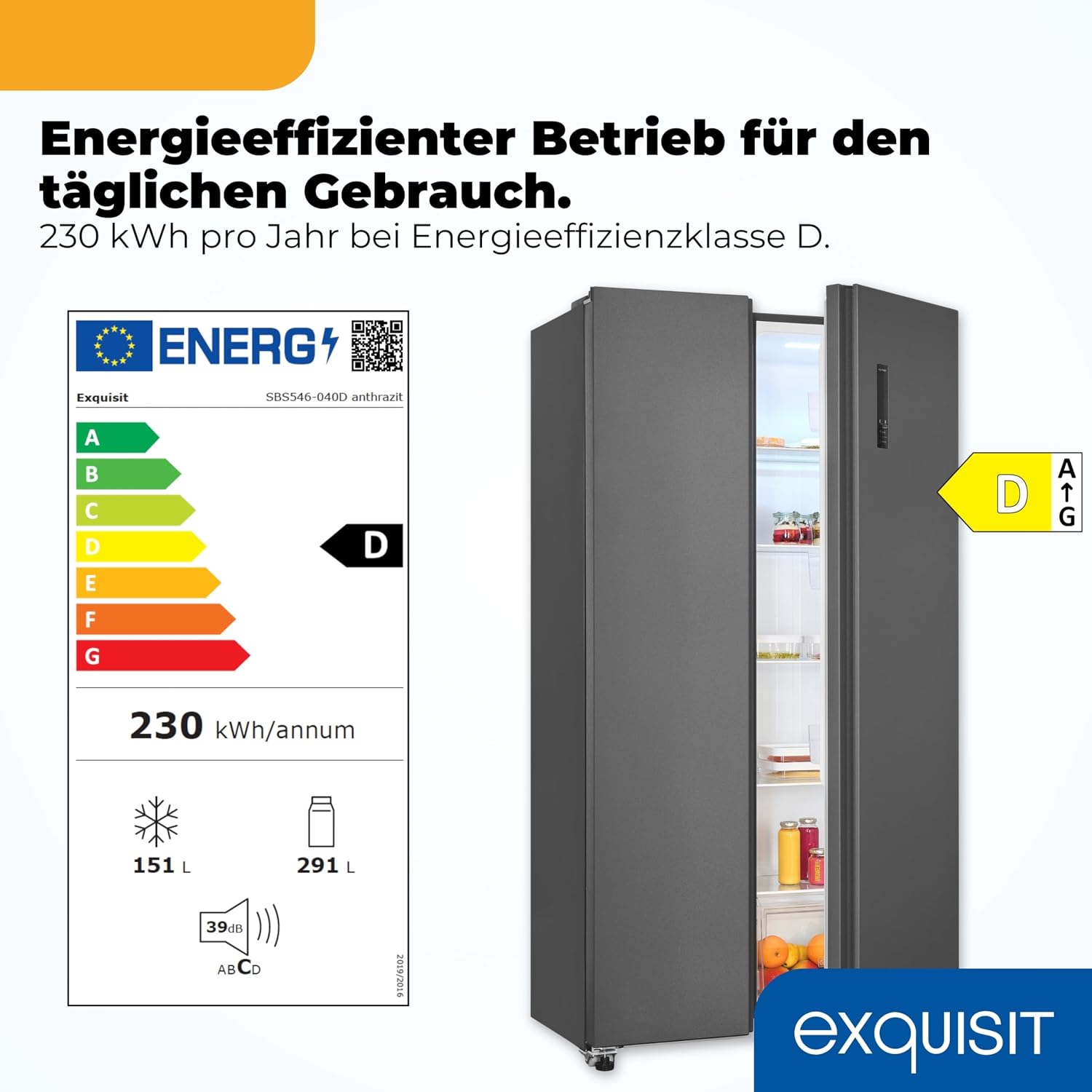 Exquisit Side-by-Side Kühlschrank | 442 l Nutzinhalt, Energieeffizienzklasse D, 39 dB(A) | No Frost Kühlen und Gefrieren, Schnellgefrieren, Temperaturregelung, LED-Display | SBS546-040D anthrazit