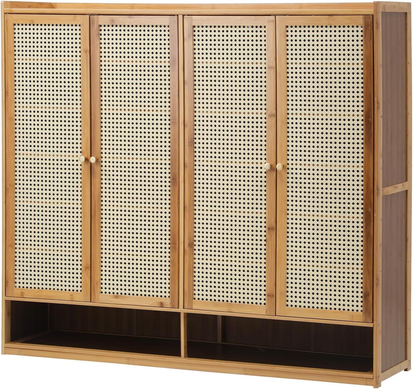 OIKITURE 6-Tier Rattan Shoe Cabinet with 4 Doors, Removable Shelves, Open Storage for Entryway, 120x32x108cm, Brown