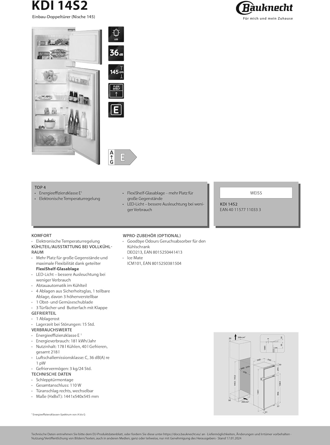 Bauknecht KDI 14S2 Einbau-Kühl-/Gefrierkombination/ Energieeffizienzklasse: E/ Nische 145/ Elektronische Temperaturregelung/ LED-Beleuchtung/ Abtauautomatik im Kühlteil/ Sicherheitsglas