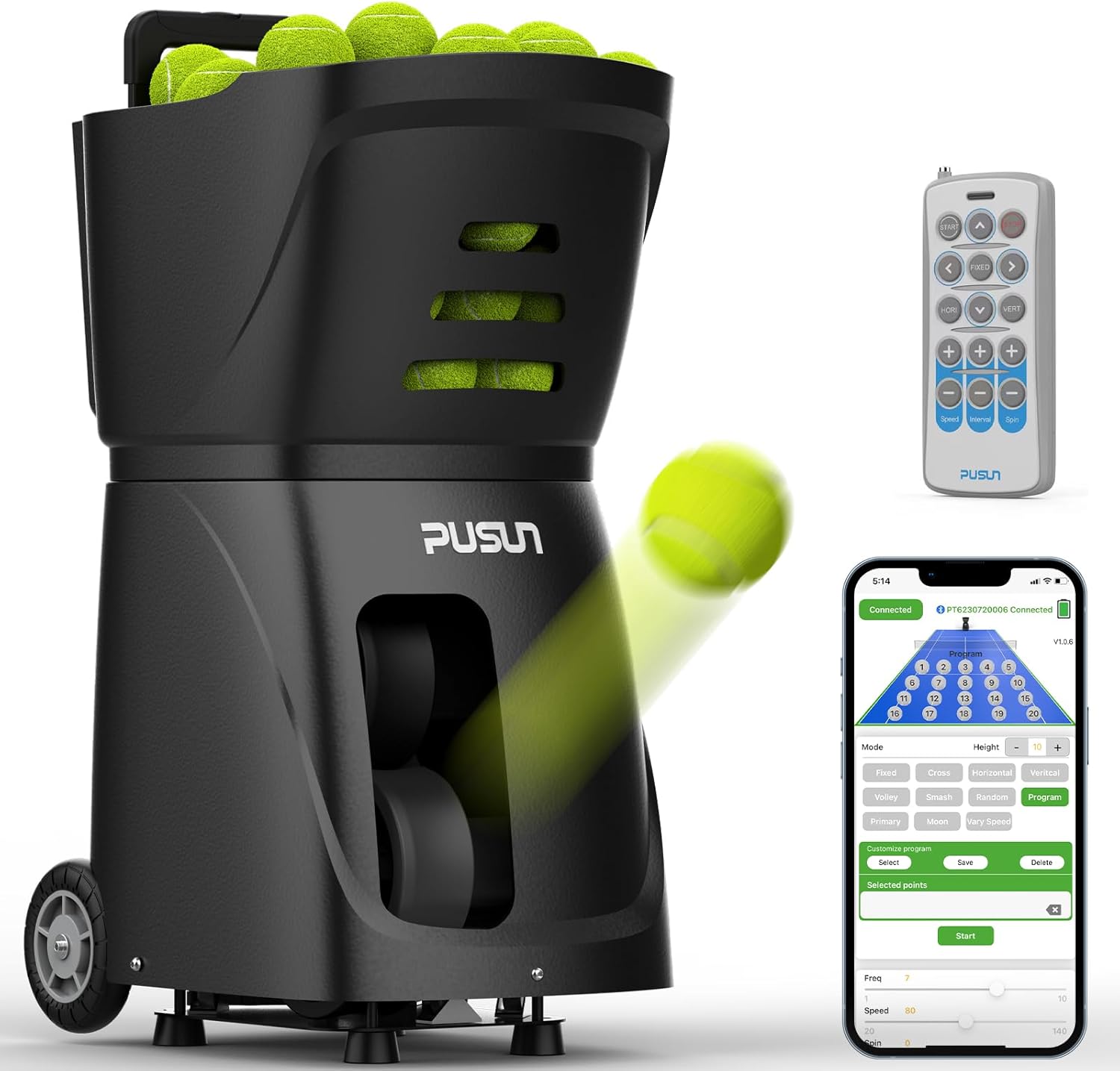PT-SMART Tennisballmaschine - Profi Ballwerfer mit APP-Steuerung (App für Watch), 20 Landepunkte & 12 Modi, Smart Tennis Trainer für alle Spielniveaus (4-6 Std. Laufzeit)