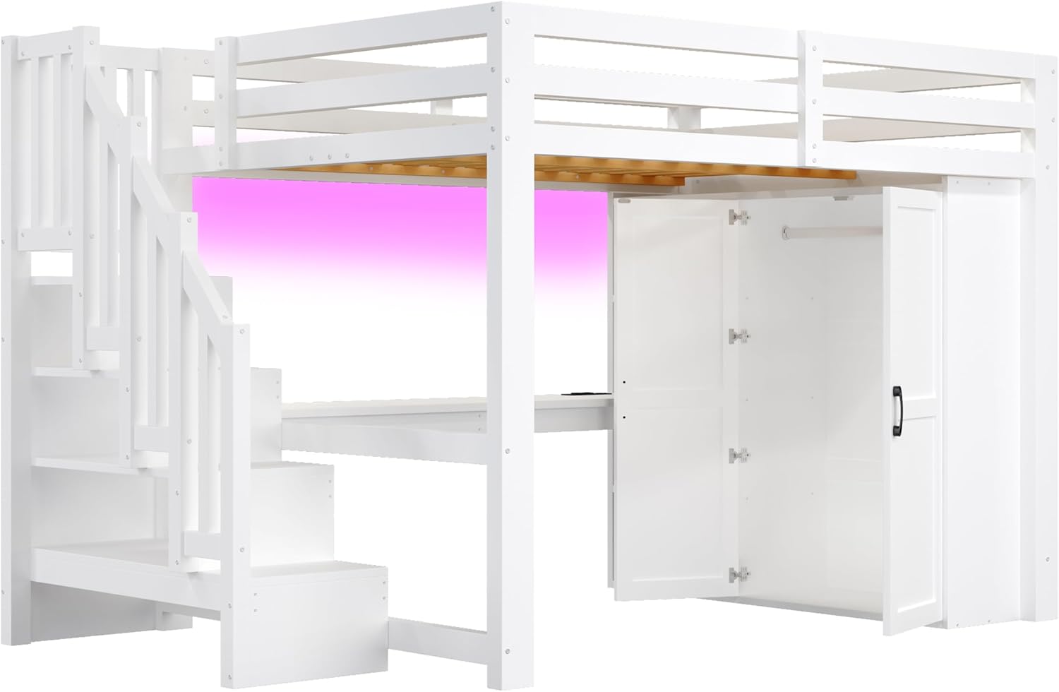 140x200 Hochbett mit Schreibtisch und Regal, Kleiderschrank, Stauraumtreppe, USB und LED-Leuchten, Weiß