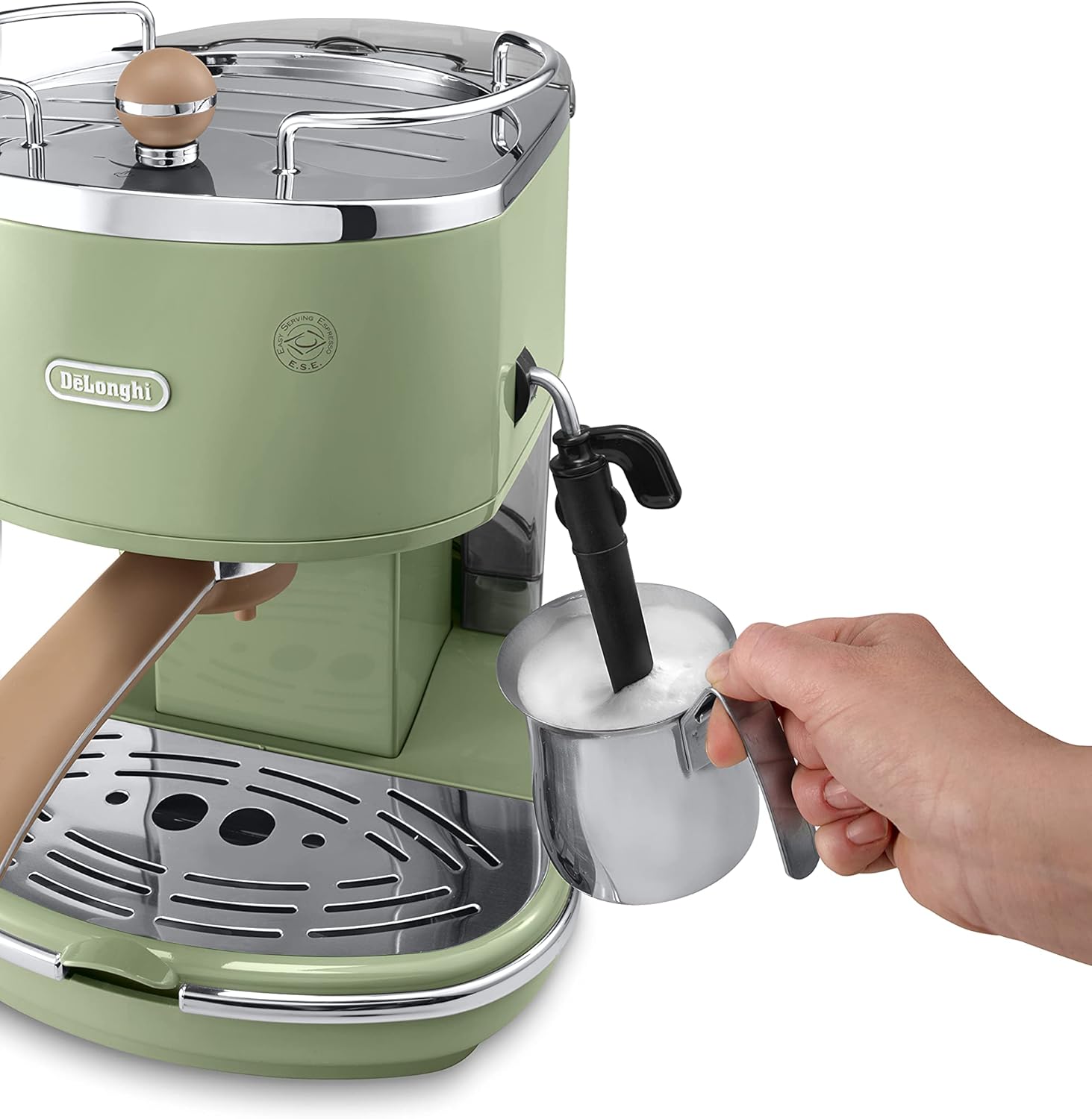 De'Longhi Icona Vintage ECOV 311.GR – Espresso Siebträgermaschine im RetroLook, Espressomaschine mit manuellem Milchaufschäumer, für Kaffeepulver oder ESE Pads, 1,4 l Wassertank, grün