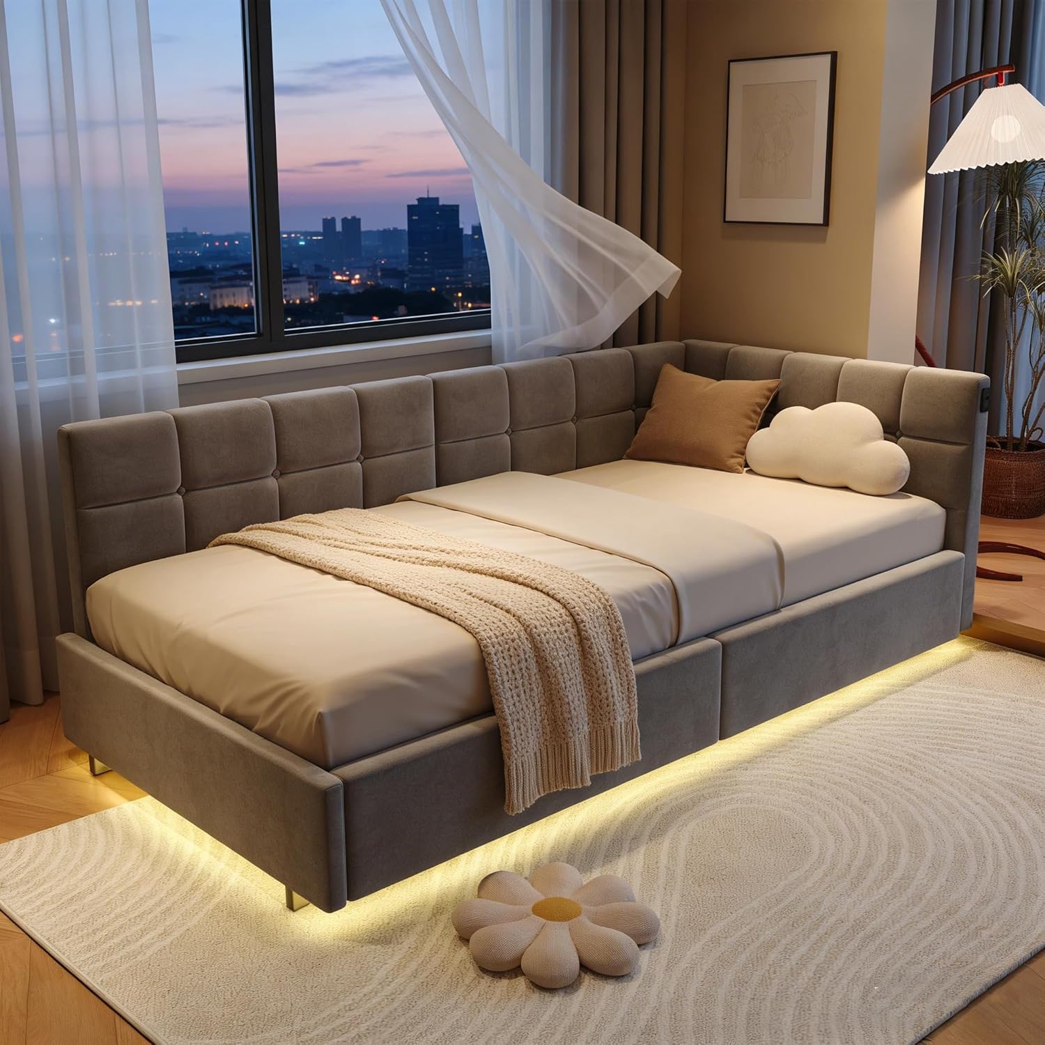 Einzelbett 90x200 mit Stauraum, Polsterbett mit LED/USB, Bettgestell mit Lattenrost und kopfteil, Bettrahmen für Jugendliche, Samt (Grau, 90 x 200 cm)