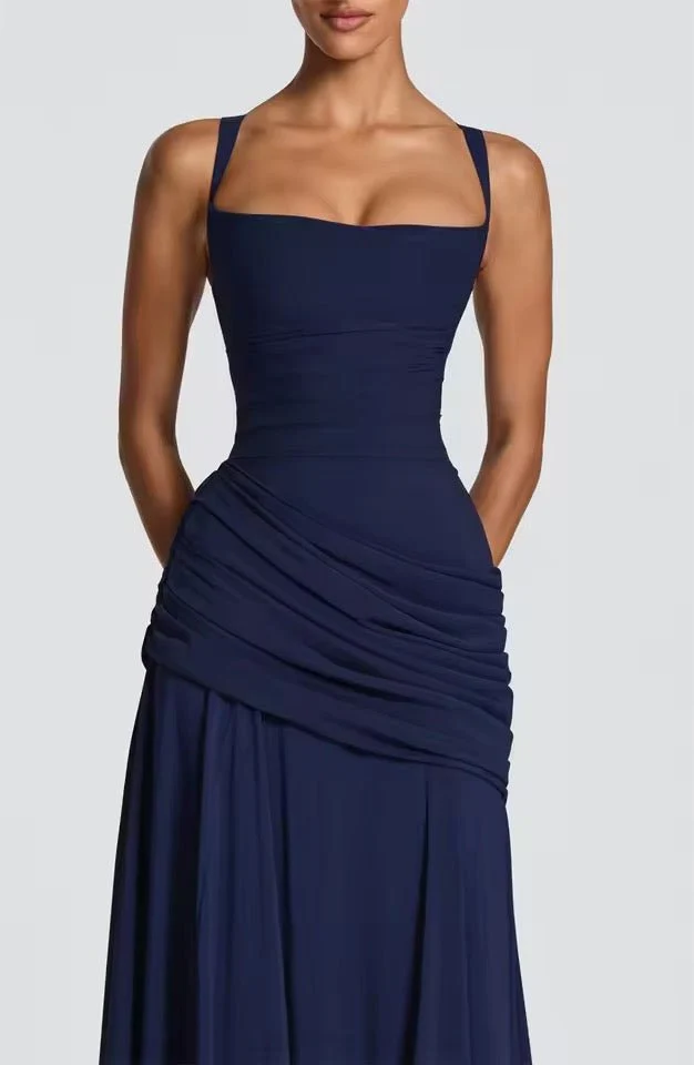 Maxikleid Damen f��r Hochzeitsg?ste | Elegantes Viskose Kleid mit Raffung und Herzausschnitt | Bodenlanges Abendkleid