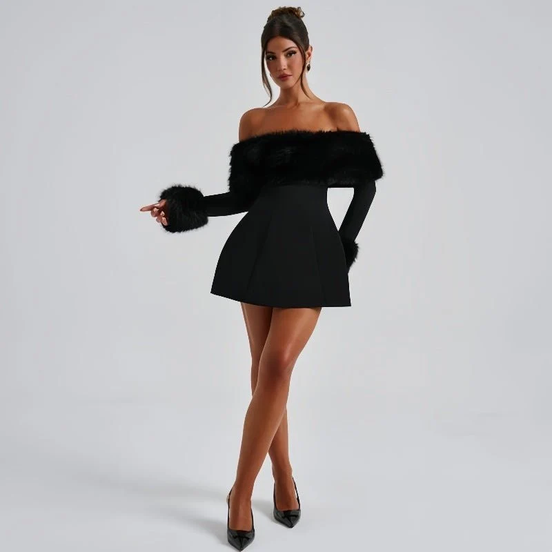 Off Shoulder Minikleid f��r Damen mit Kunstfellbesatz und elegantem Schnitt