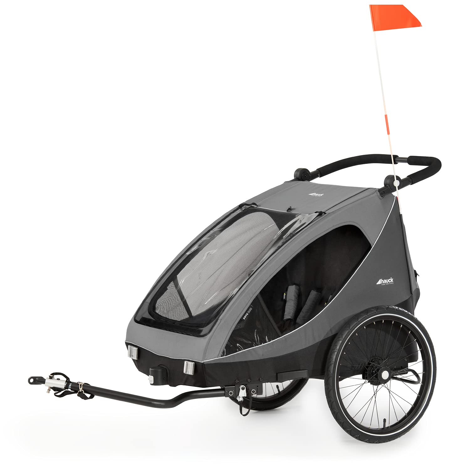hauck Fahrradanhänger & Kinderwagen Dryk Duo Plus mit Federung, für 2 Kinder (6-48 Monate), inkl. Deichsel, Buggyrad, Fahne und LED Licht, Faltbar, Höhenverstellbar, XL Kofferaum (Dark Green)