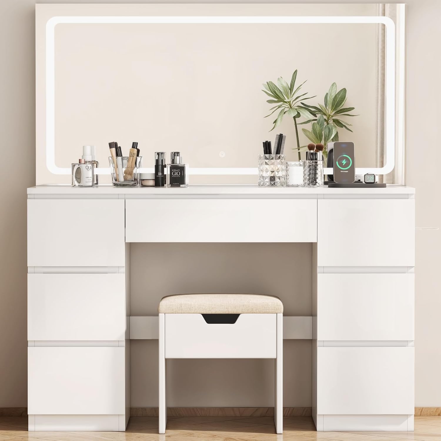 Schminktisch Groß mit Spiegel und LED Beleuchtung 115cm,Farbtemperatur Einstellbar, 7 Schubladen Schminktisch mit Steckdose Dressing Table mit Hocker,115x40x139cm,Weiß