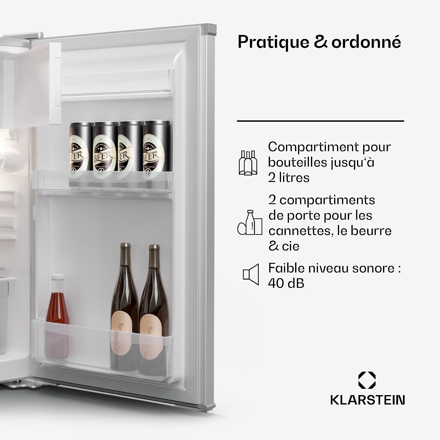 KLARSTEIN Mini Frigo de Chambre de 70L, Snacks, Boissons, Petit Frigo Top Silencieux, Mini Bar, Petit Réfrigérateur Camping, Mini Frigo Cosmetique, Refrigerateur avec Bac à Glaçons, 0-10°C