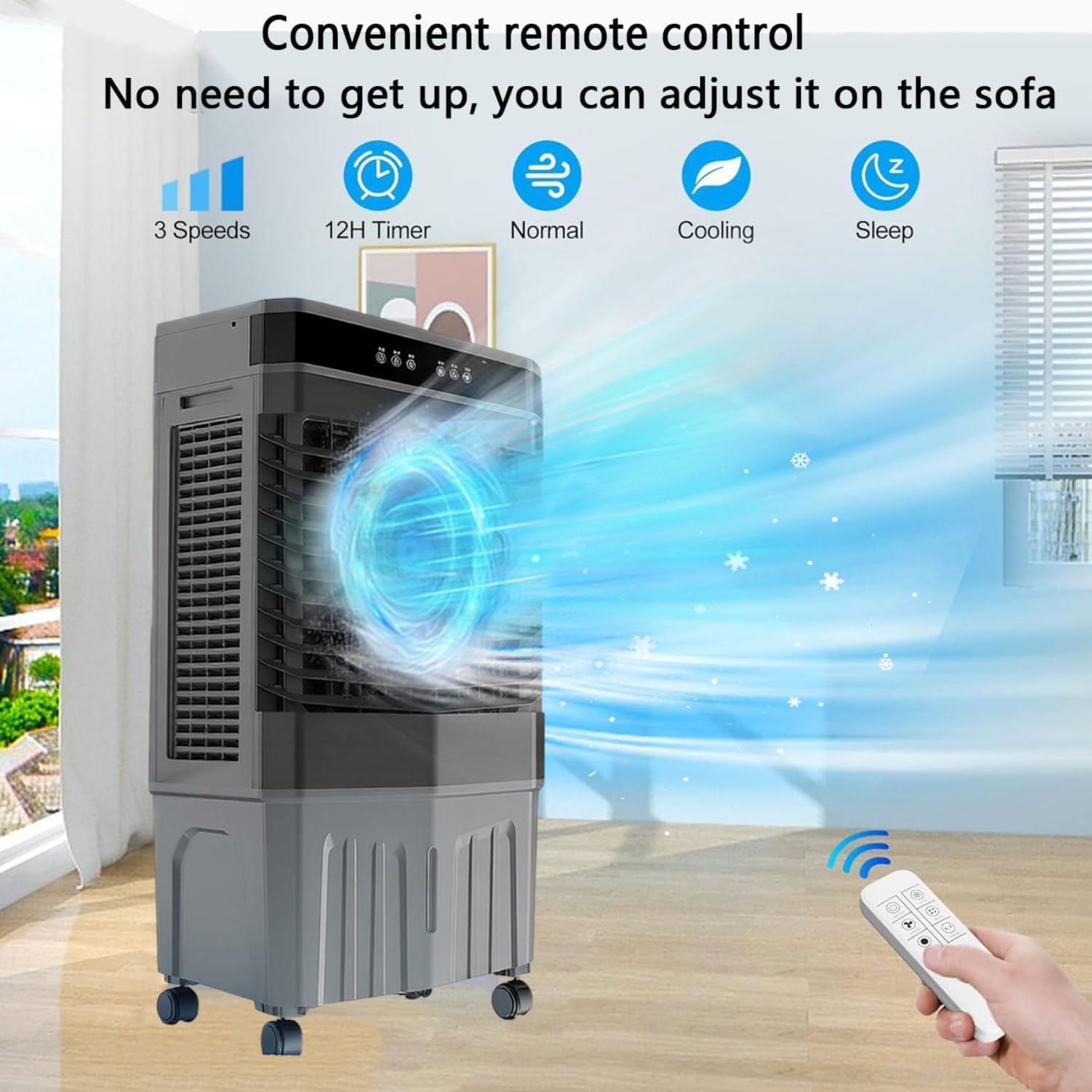 Tragbares Klimagerät mit 3 Geschwindigkeitsstufen, 120°-Oszillation, 12-Stunden-Timer (mit Abschaltautomatik) & großem Wassertank – für Zimmer, Büro & Camping