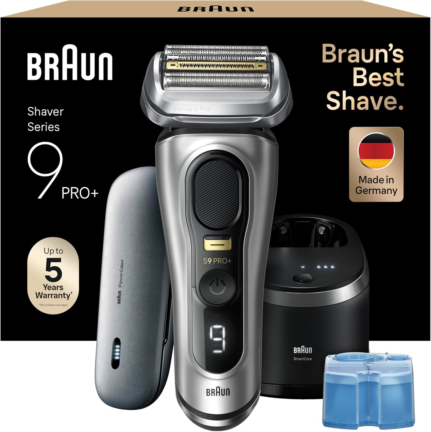 Braun Series 9 Pro+ Rasierer Herren, Elektrorasierer mit 5 Pro Rasierelementen, Langhaarschneider & Reinigungsstation, Rasierer-Ladeetui PowerCase, 60 Min Laufzeit, Made in Germany, 9577cc, Silber