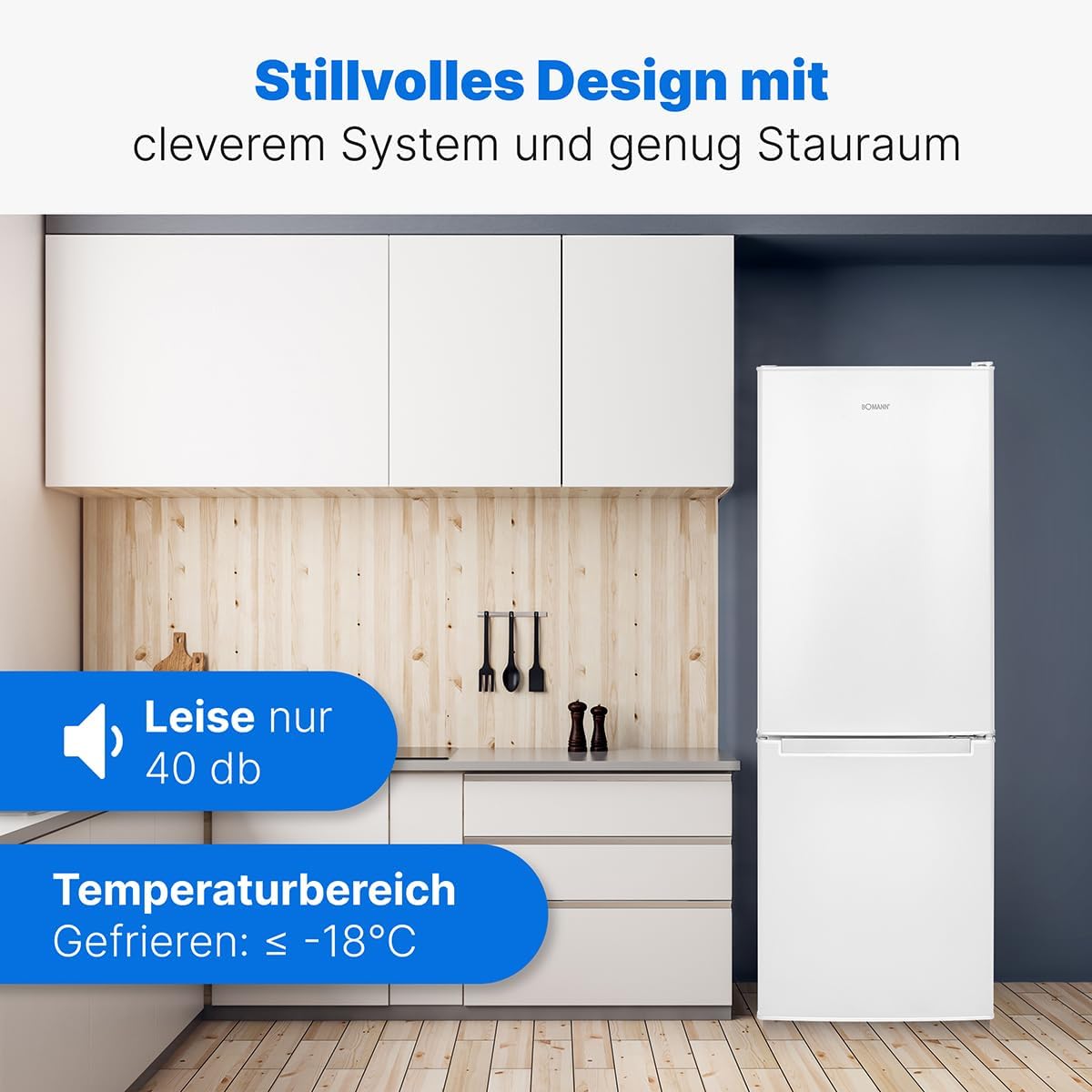 Bomann® Kühlschrank mit Gefrierfach 143cm hoch | Kühl Gefrierkombination 173L mit 3 Ablagen & 3 Schubladen | Türanschlag wechselbar | leise Kühlgefrierkombi 40db | Kühlschrank | KG 7331 weiß