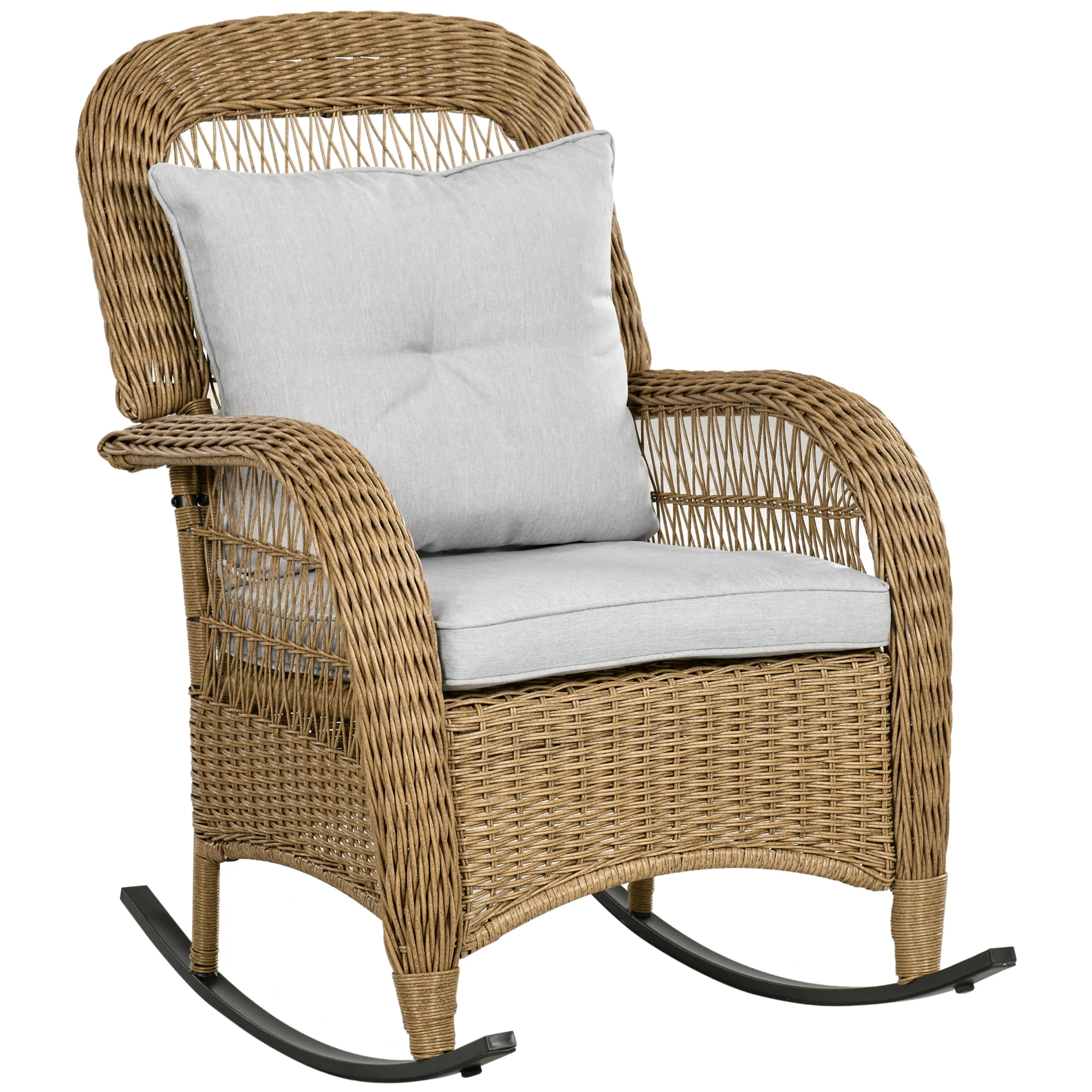 Outsunny schommelstoel in boho-stijl, PE-rotan, rotan schommelstoel, wasbare meubelhoezen, naturel + lichtgrijs