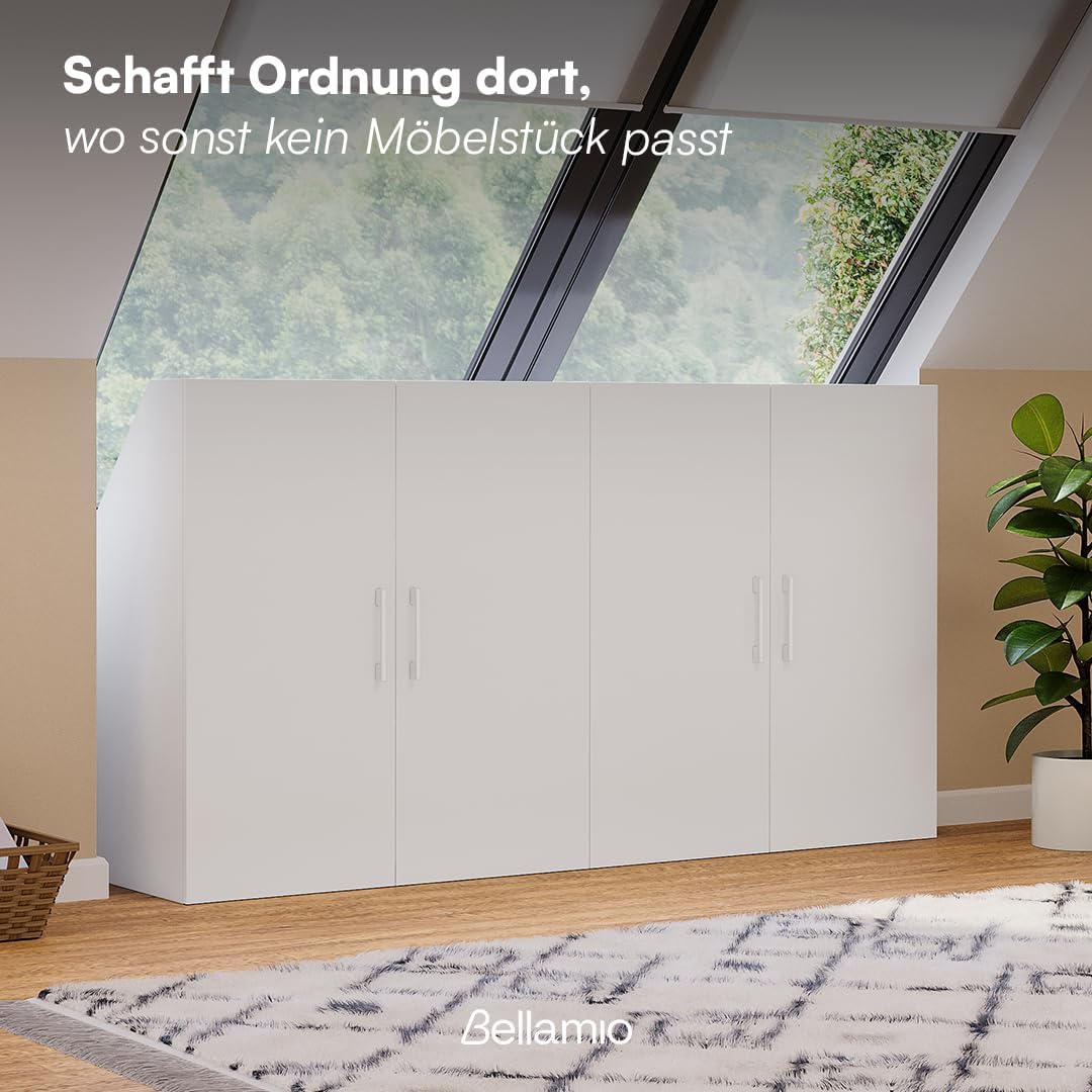 Bellamio Aland Dachschräge Regal in weiß – Dachschrägenschrank mit 4 Türen & 6 Fächern – Bücherregal/Kleiderschrank – platzsparender Stauraum für schräge Wände – Nischenschrank 100x179x52 (HxBxT)