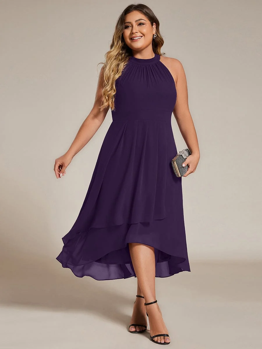 Damen Chiffon Midi-Kleid in A-Linie | Festliches Halterneck Kleid mit Plissee-Details | Sommerliches Kleid f��r Hochzeitsg?ste