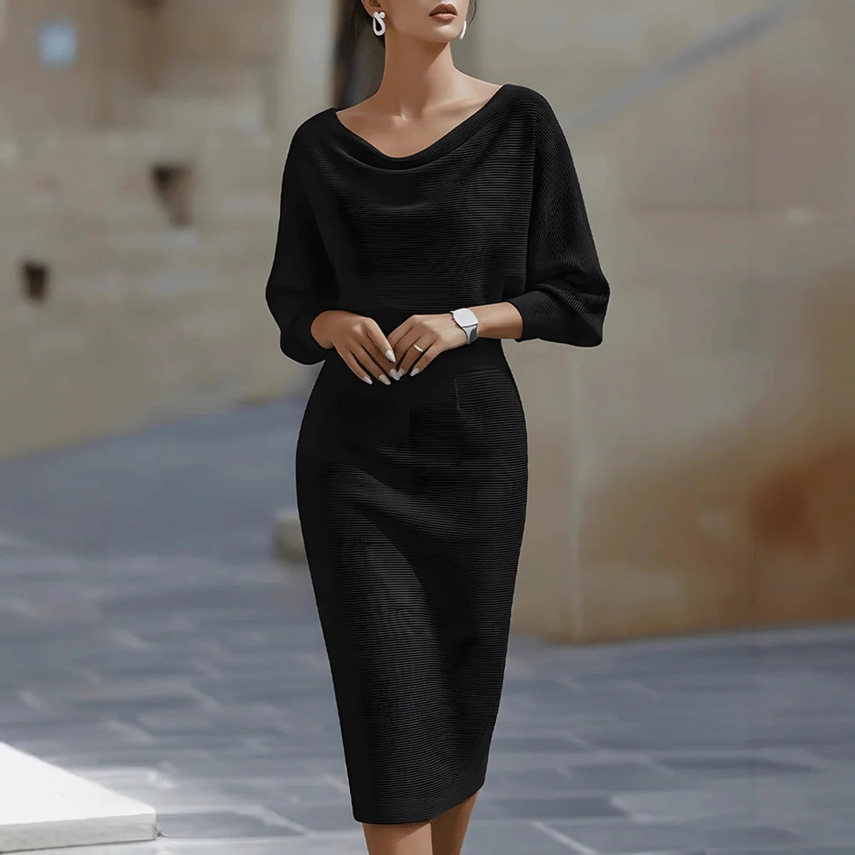 Wei?es Midi-Kleid mit drapierten Fledermaus?rmeln