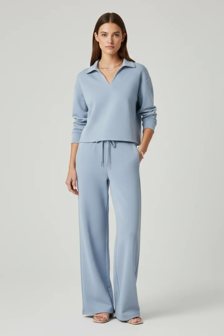 Zweiteiliges Damen Set mit V-Ausschnitt Top und Weiter Hose | Komfortabler Hosenanzug f��r Alltag und B��ro mit Tunnelzug