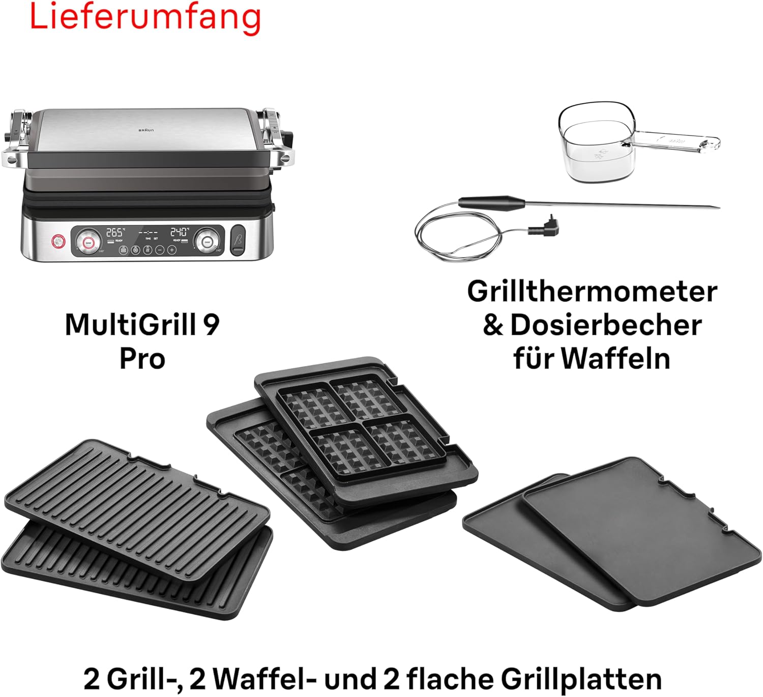Braun MultiGrill 9 Pro CG 9167, Kontaktgrill mit Grill-, Flach-, Waffelplatten und Temperaturfühler, Grillpositionen: Kontakt, BBQ, Ofen, Spülmaschinenfeste Platten, Boost-Funktion bis 265°
