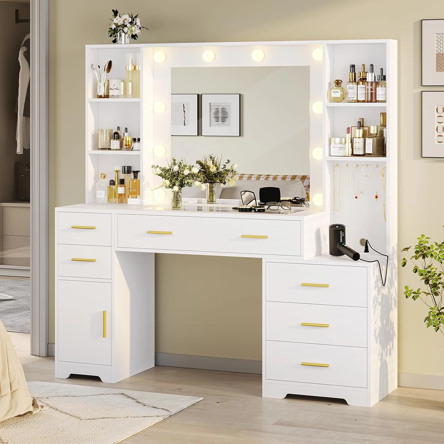 Hasuit 48.8'' Large Vanity Desk with Lighted Mirror & Power Outlet. Makeup Vanity Table