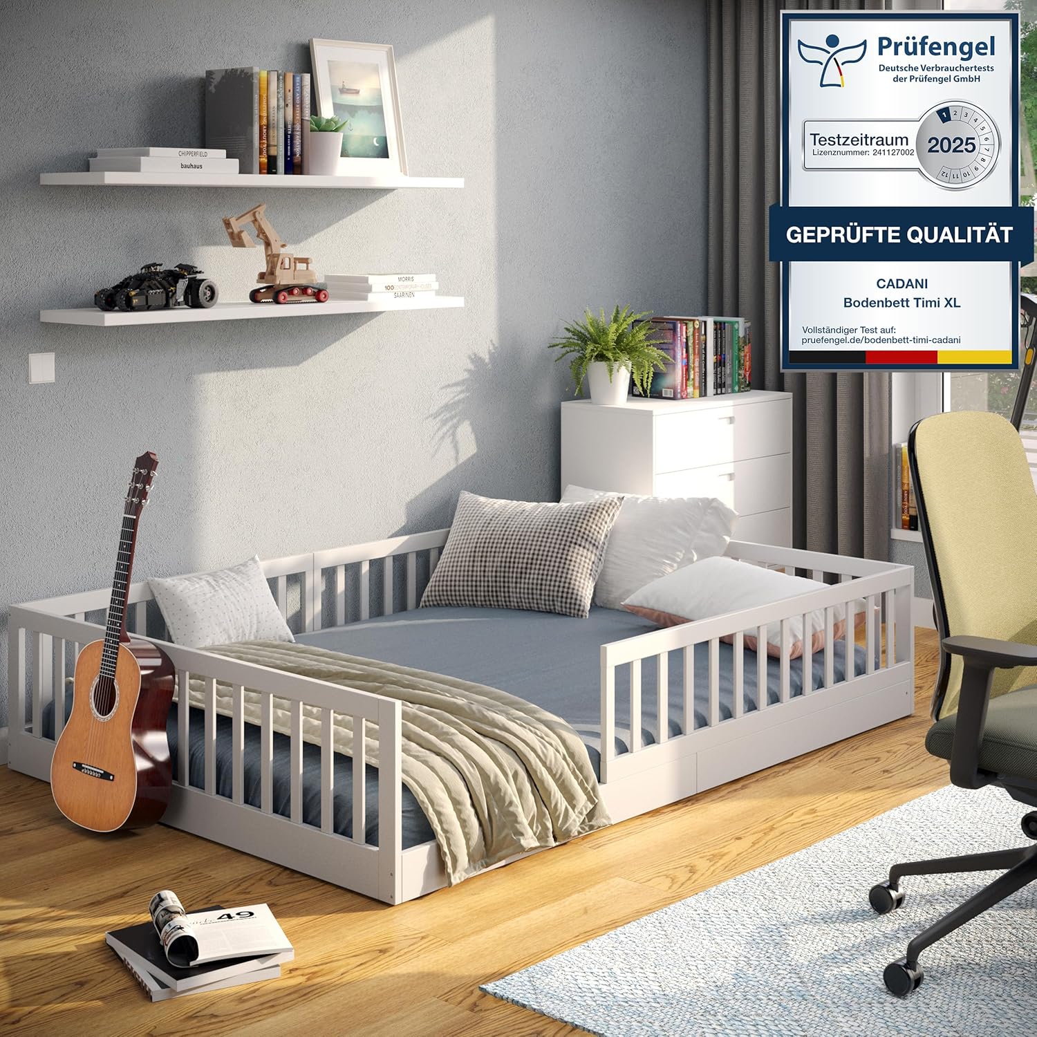 CADANI Timi 2-in-1 Vloerbed 140x200 cm Montessori Kinderbed met uitneembare valbeveiliging incl. lattenbodem, massief grenenhout, wit - 3 opbouwmogelijkheden, belastbaar tot 200 kg, ombouwbaar