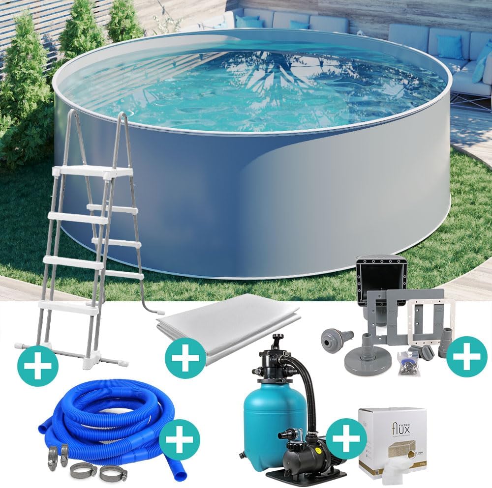 Design-Stahlwandpool Ø 3,50 x 1,20 m inkl. Zubehörpaket - Rundpool anthrazit mit Grauer 0,80 mm Folie - einfacher Aufbau - schraubenfreie Montage - freistehend teileingelassen oder eingelassen