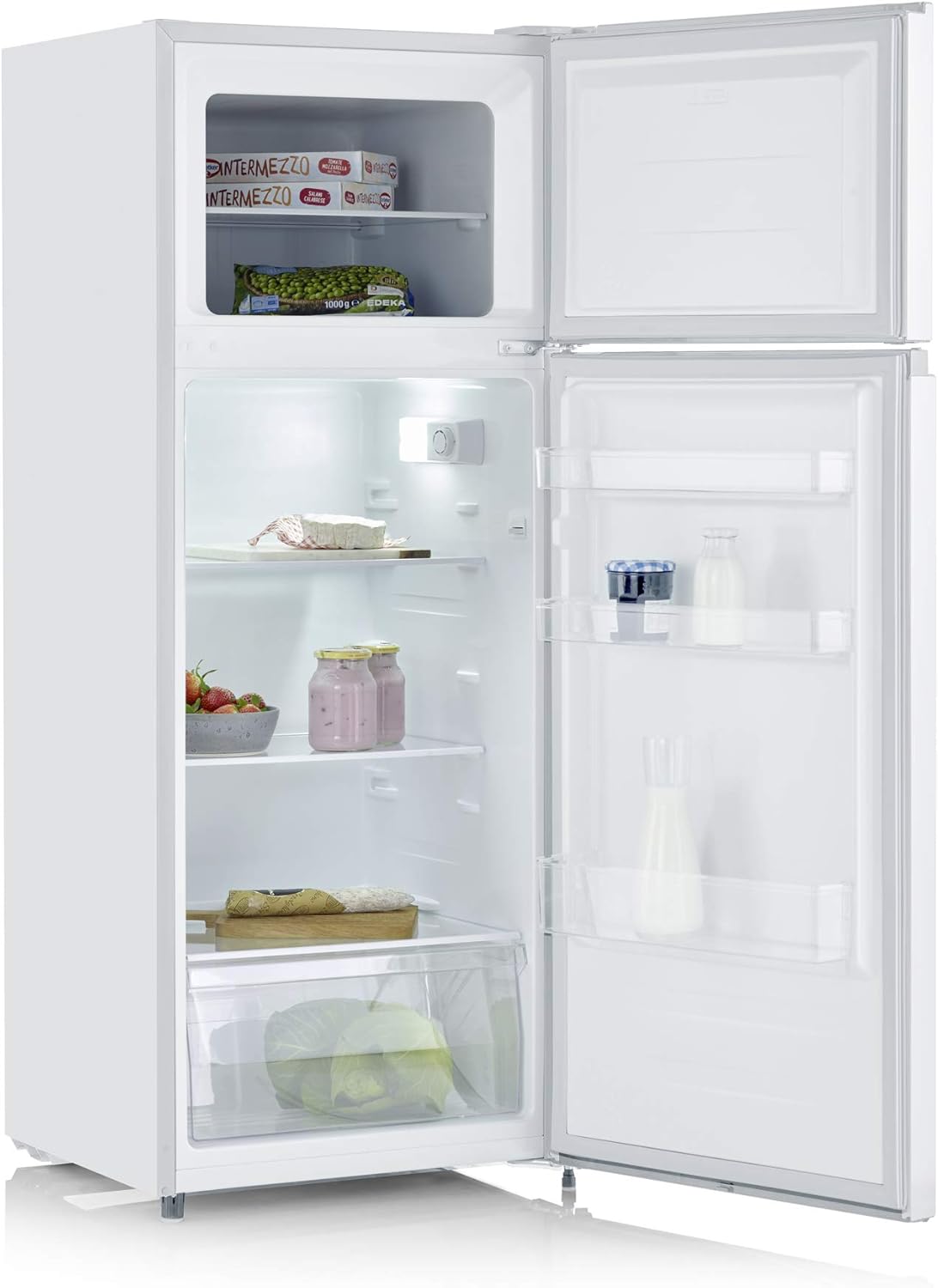 SEVERIN Réfrigérateur Congélateur 2 portes, Pose libre, Longueur 55 cm, 206 litres, Classe E, Veggibox incluse, Blanc, DT 8760
