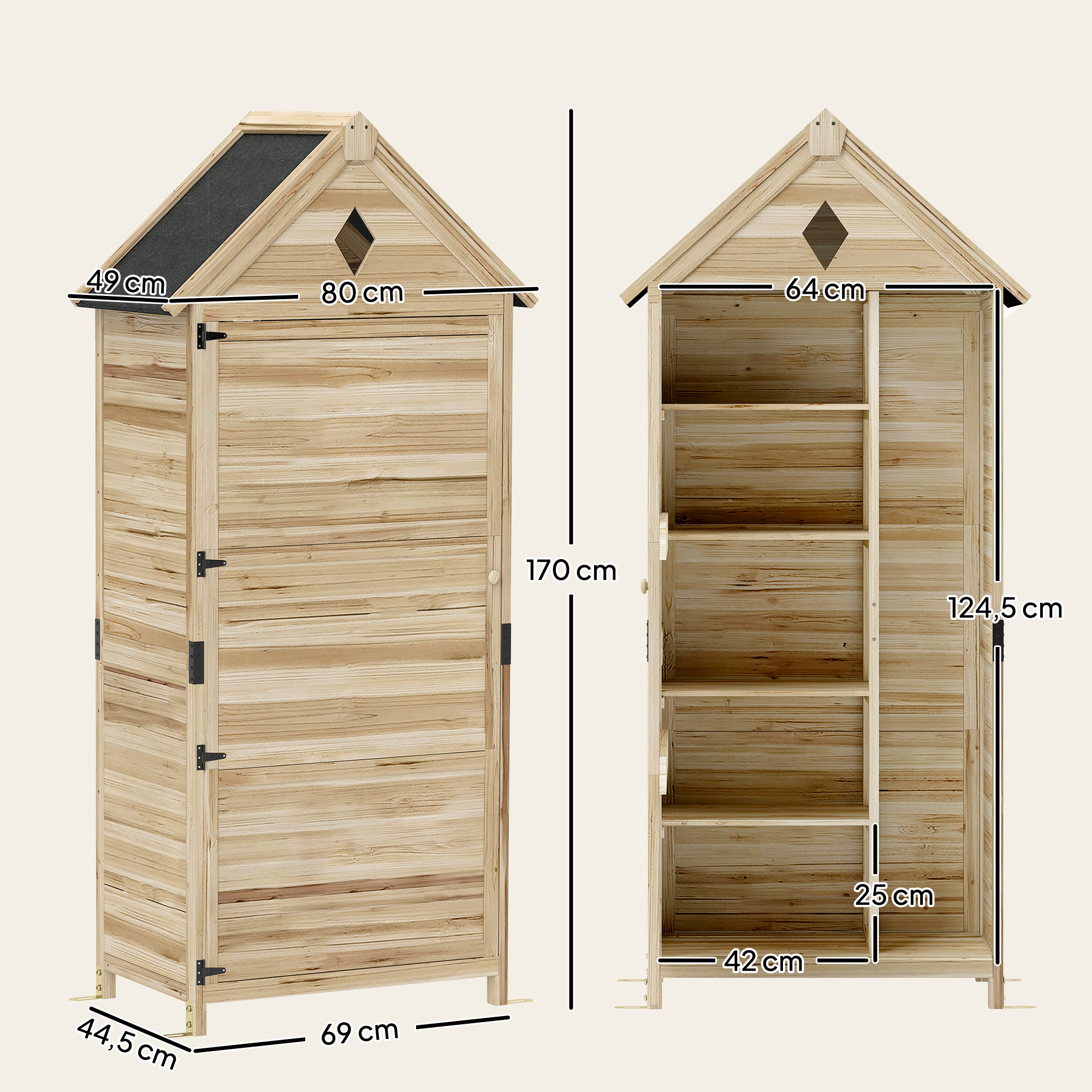 Tuinschuur met 4 Planken, Opslagschuur van Hout, Waterdicht Asfaltdak, 80 x 49 x 170 cm, Lichtbruin