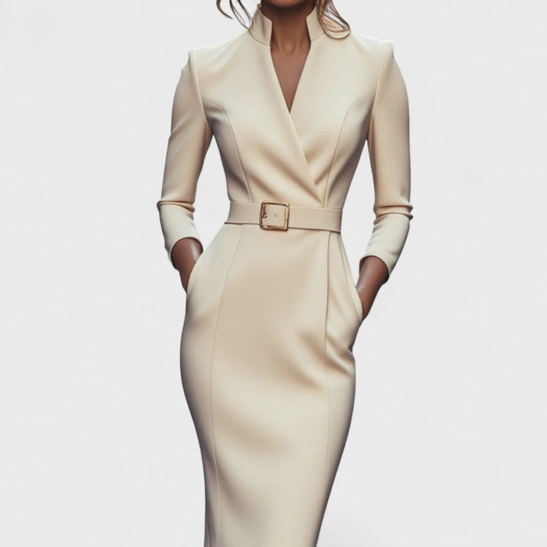 Elegantes Damenkleid mit G��rtel und Stehkragen