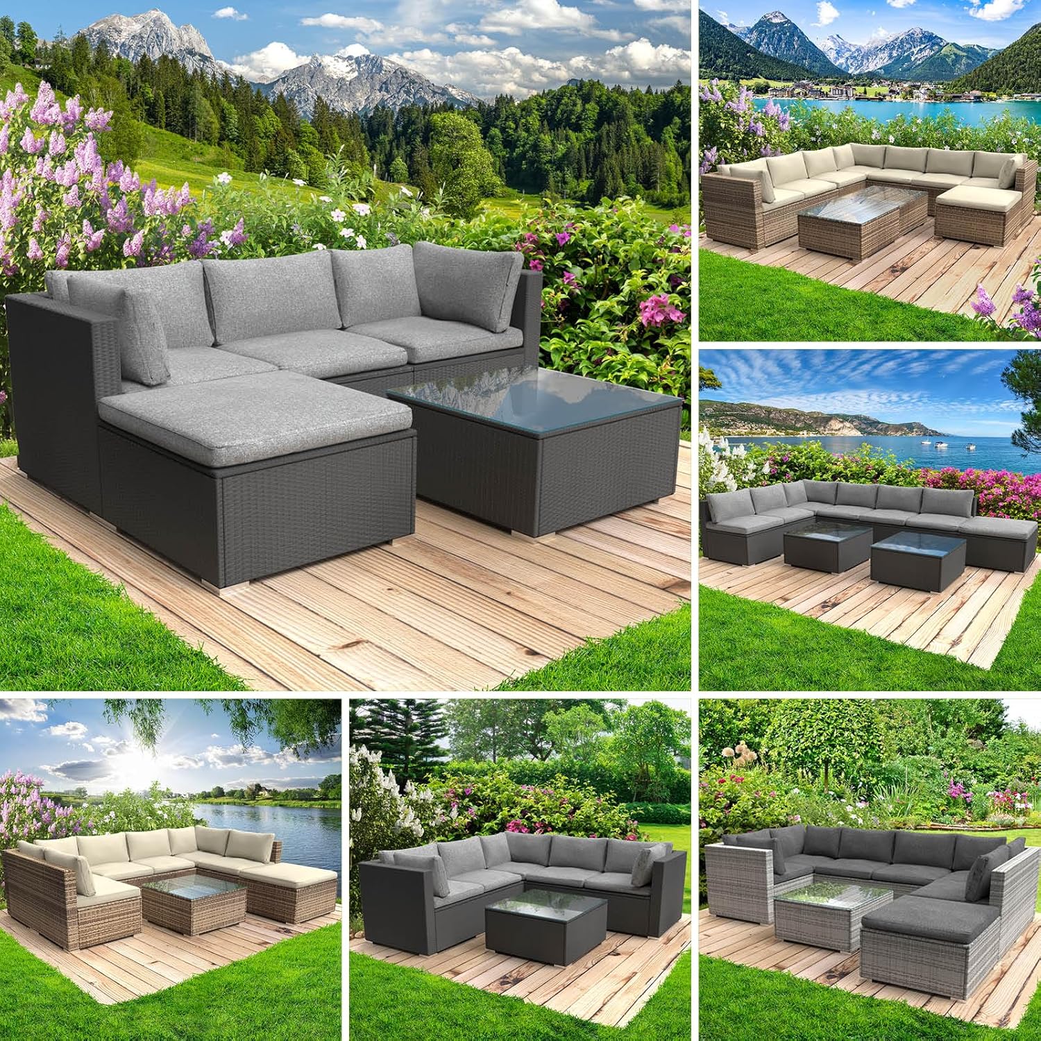 BRAST® Gartenmöbel Lounge Set | 4-5 Personen viele Modelle & Farben | inkl. extra Dicke Kissen | TÜV geprüft | Outdoor Loungemöbel Sitzgruppe Essgruppe Garnitur | Royal Schwarz