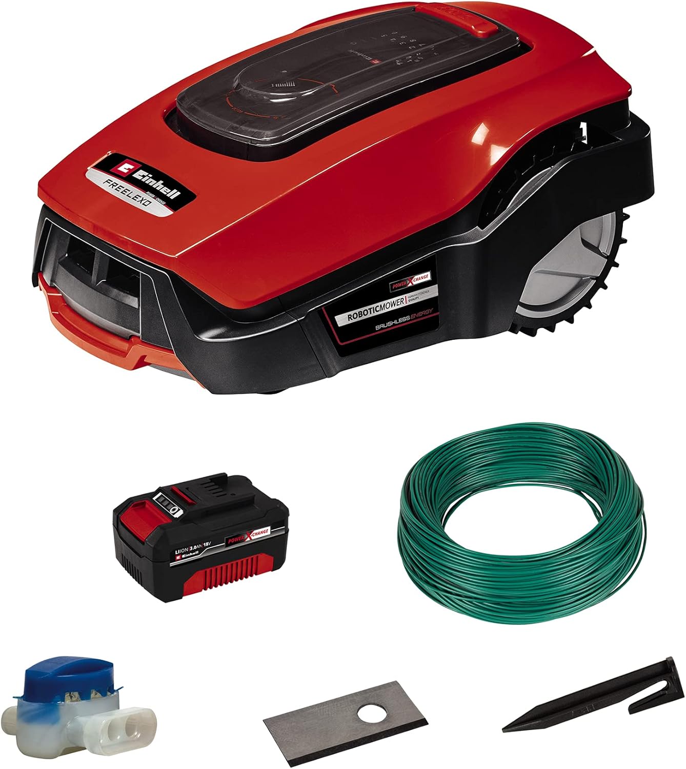 Einhell Roboter-Rasenmäher FREELEXO 900 LCD BT (Lithium-Ionen, 18 V, bis zu 900 m², Multizonenmäher, Bluetooth App-Steuerung, für Steigung von bis zu 35%, inkl. PXC-Batterie und Installationszubehör)