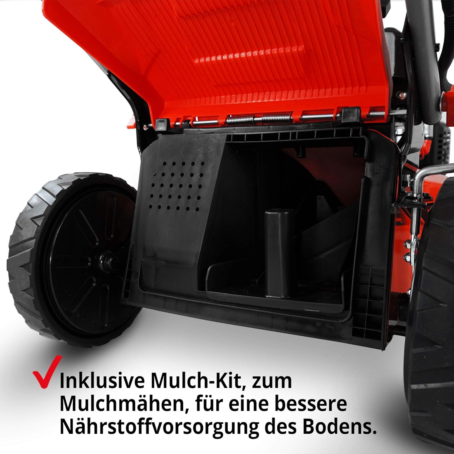 HECHT 5-IN-1 Benzin Rasenmäher – leistungsstarker 4 Takt Eco Motor 4,4 kW (6,0 PS) – Elektrostart – 53 cm Schnittbreite – 75 l Fangkorb – Radantrieb – patentierte Räder – Mulchmäher