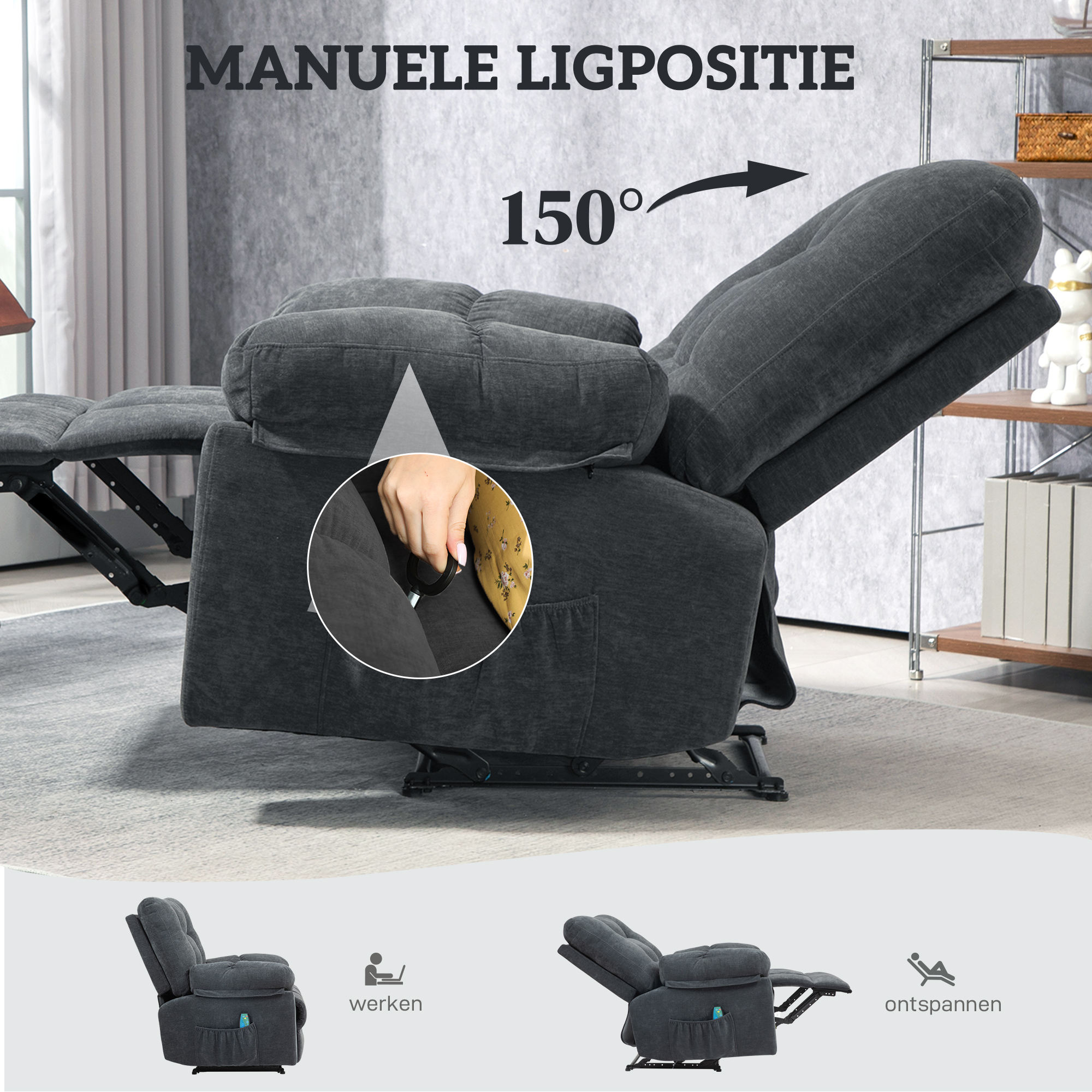 Relaxstoel met Massage, 8 Vibratiepunten, Verstelbare Voetsteun, Zijvak, Ligstoel, Grijs