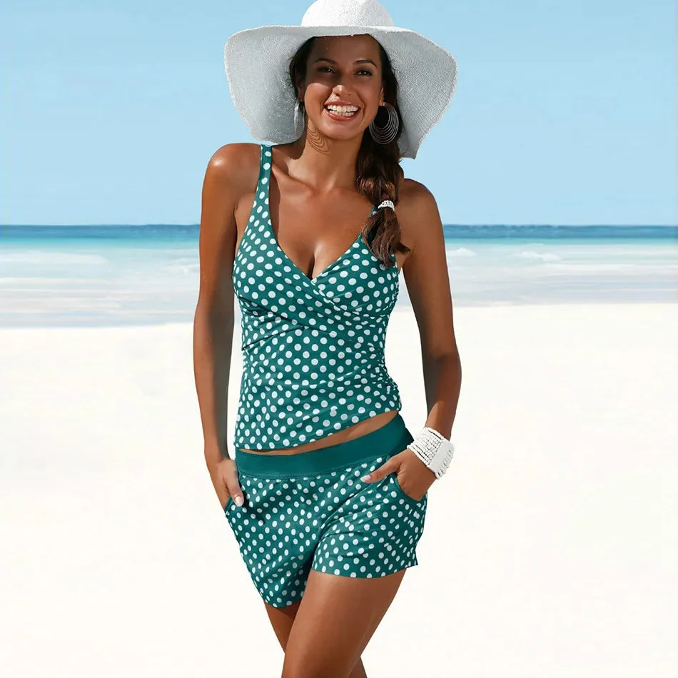 Damen Tankini Set mit Shorts | Polka Dot Badeanzug mit V-Ausschnitt | Zweiteiler Bademode verstellbare Tr?ger