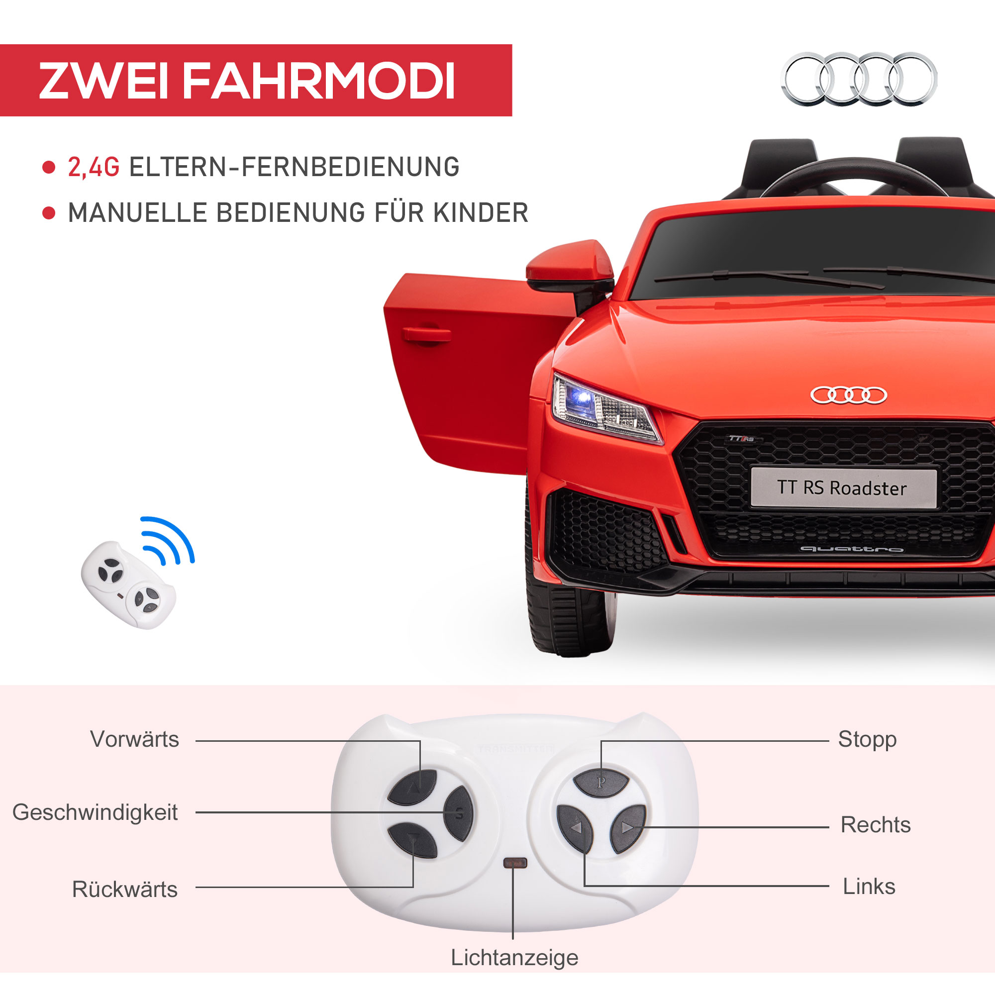 ? kindervoertuig elektrische auto Audi TT RS afstandsbediening MP3 3-8 jaar PP rood 103 x 63 x 44 cm | Aosom.de