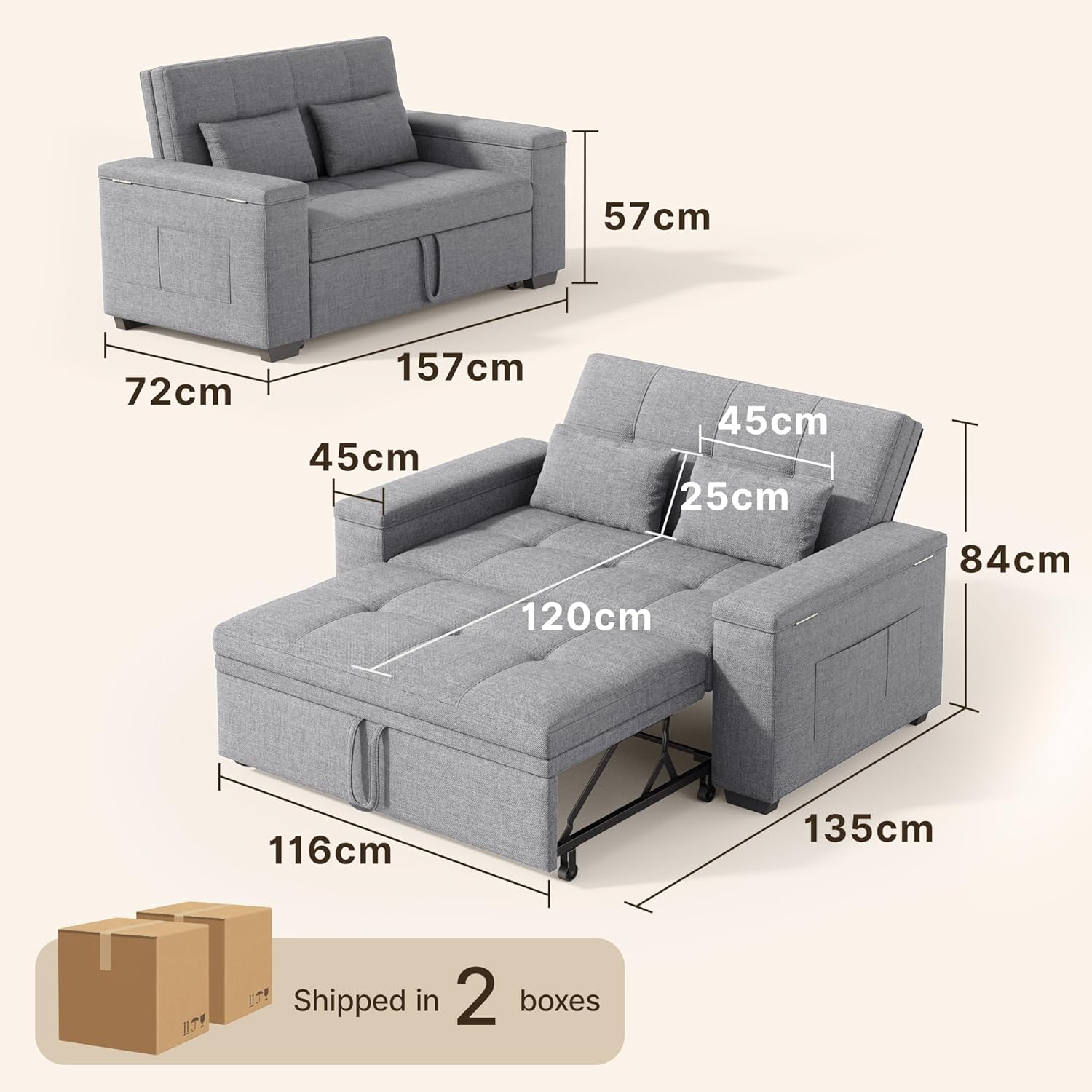 Xbro 3-in-1 Schlafsofa ausziehbar, 2-Sitzer Sofa mit Schlaffunktion, verstellbare Rückenlehne, Leinenstoff mit 2 Kissen und Seitentaschen, für Wohnzimmer, Schlafzimmer oder Büro, Hellgrau