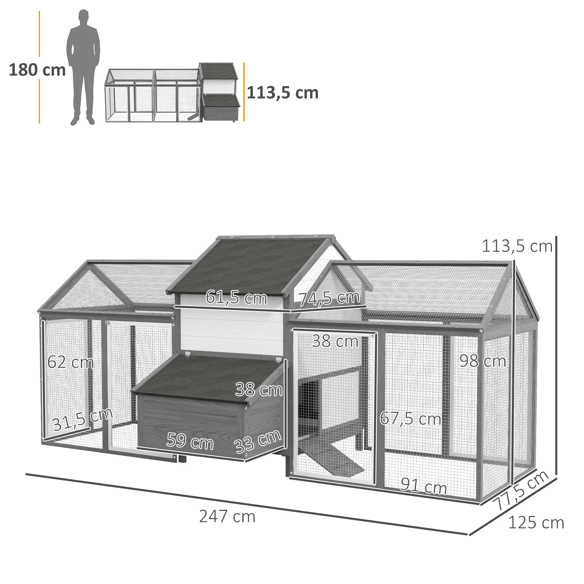 PawHut Kippenhok Konijnenhok 2 Buitenkooien, 1 Nestkast, 2 Ramps, Asfaltdak, Weerbestendig, Grijs