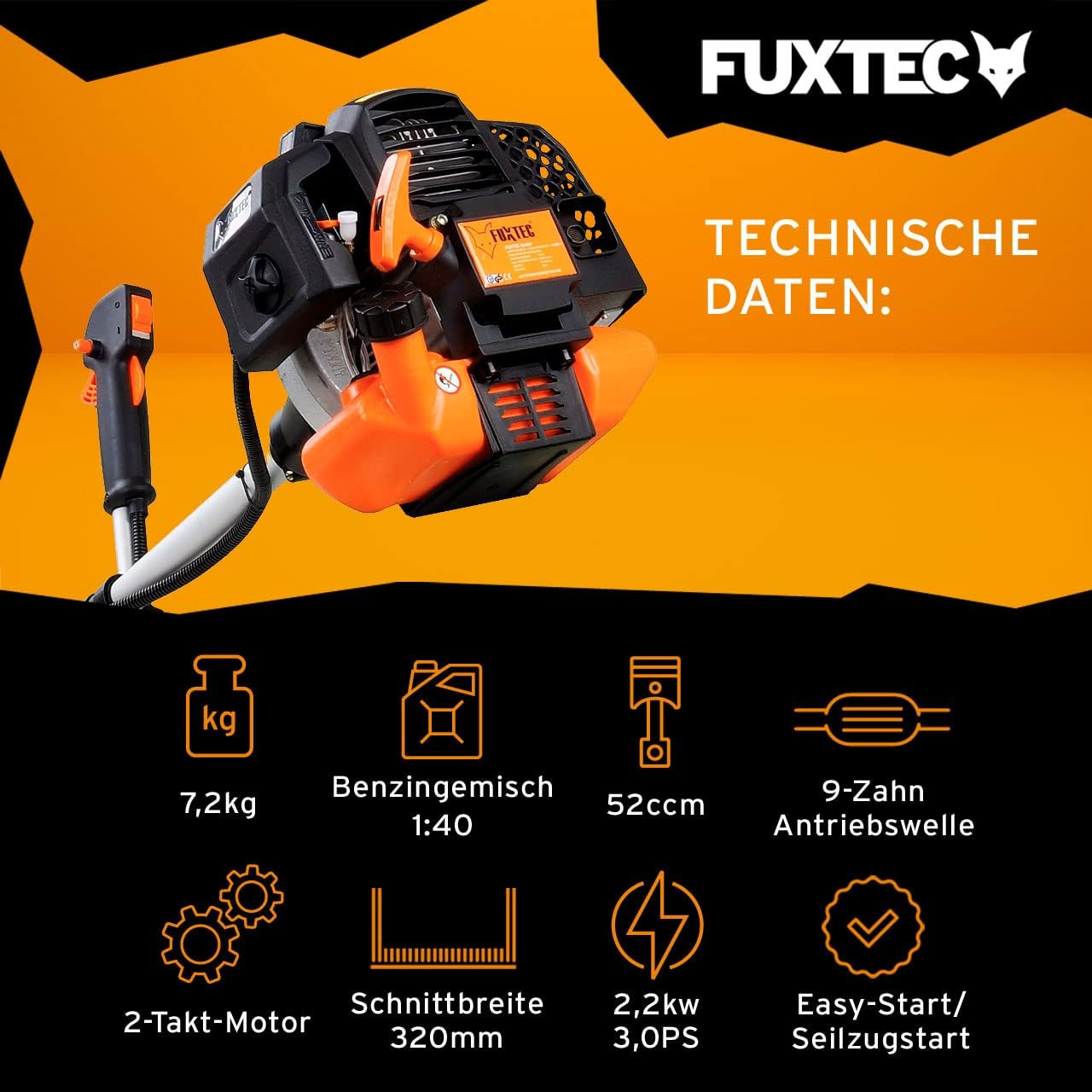 FUXTEC Benzin Motorsense FX-MS152 mit 52 cc, 2in1 Multitool, Profi-Tragegurt und 3 PS Leistung Trimmer Rasentrimmer Freischneider fs Faden 2-Takt, getestet in der Oberklasse mit Note 1,4 Easy Starter