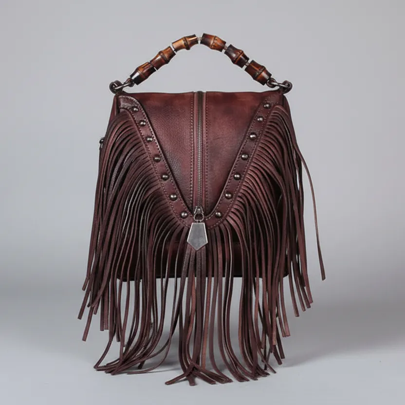 Full Grain Leather Fringe Handbag with Bamboo Handle
