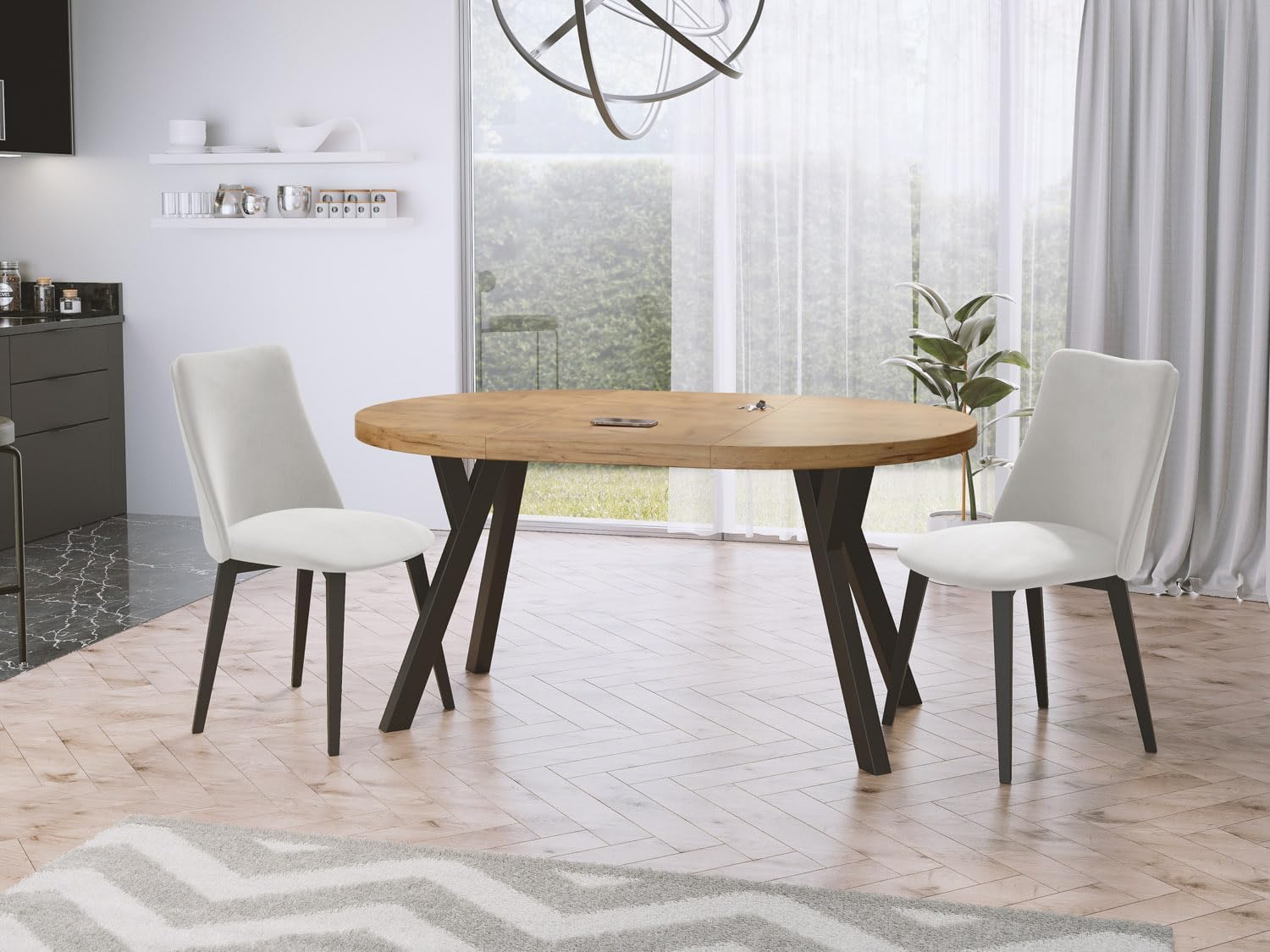 WFL GROUP Designer Runder Ausziehbarer Esstisch - Loft-Stil, Industriell, Platzsparend - Schwarze Beine - 100 bis 150 cm - für 5-8 Personen - Hergestellt in EU - Wotan Eiche - 150 cm