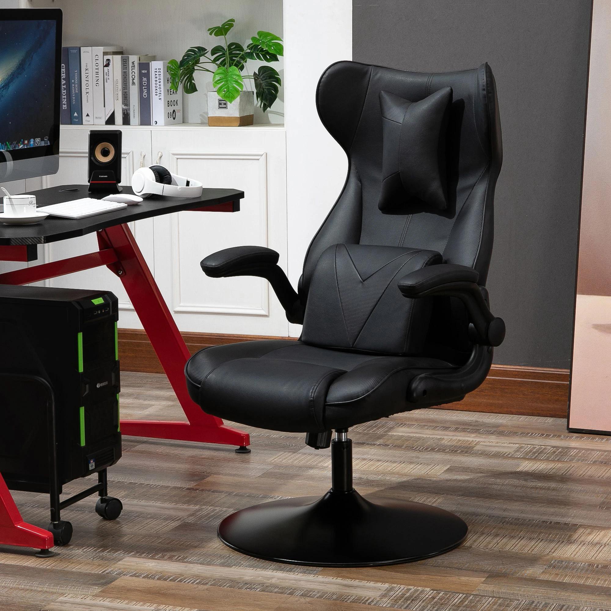 Vinsetto gamestoel ergonomische computerstoel bureaustoel bureaustoel met schommelfunctie en lendenkussen bureaustoel in hoogte verstelbaar, gepolsterde metalen zitting, zwart 67x75x112 cm