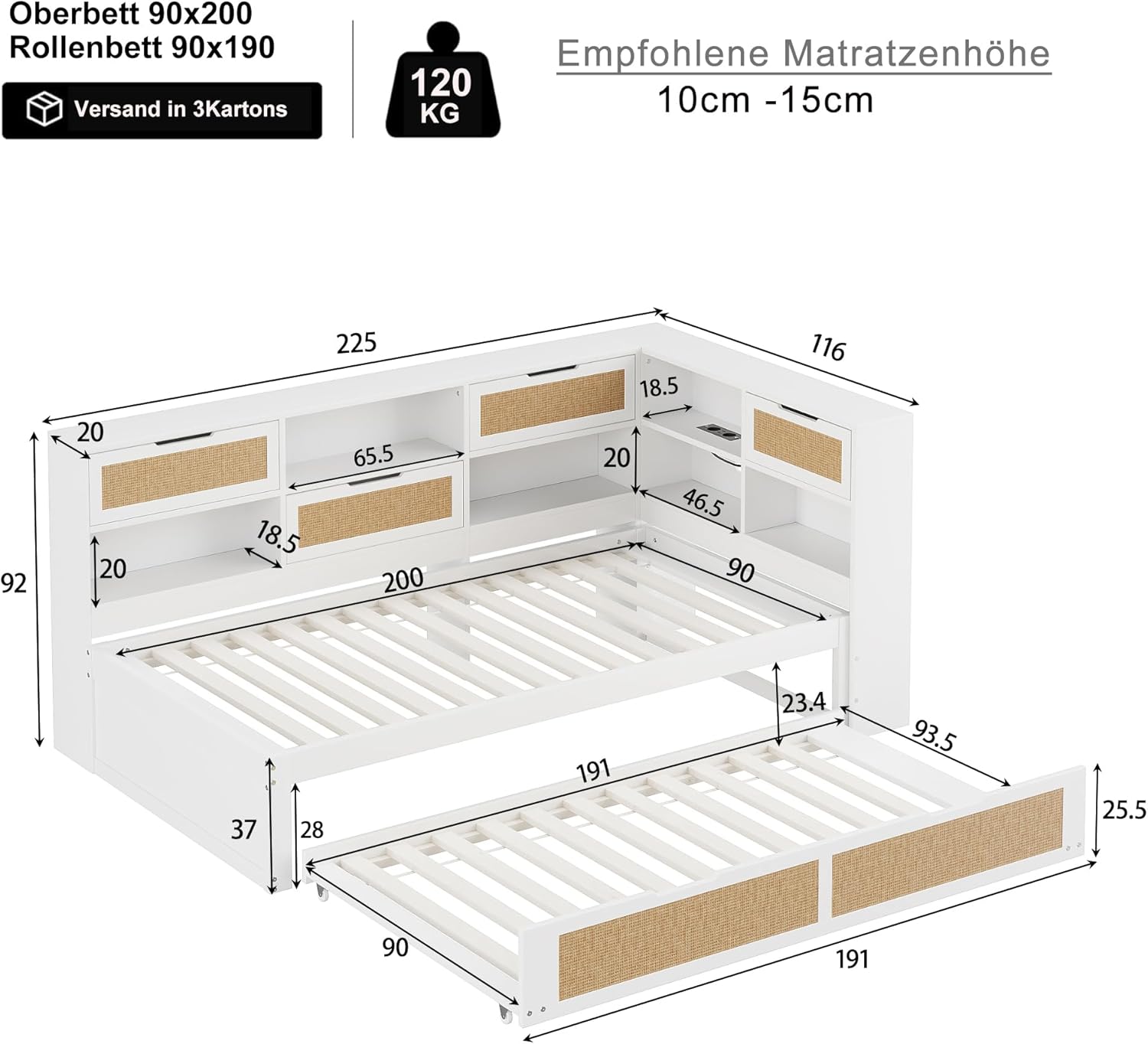 Tagesbett Schlafsofa 90x200, Holz Multifunktionsbett mit Ausziehbett 90x190 cm, USB-Steckdose und vielen Staufächern, Einzelbett Massivholzbett Kinderbett Daybett mit Lattenrost, Ohne Matratze, Weiß