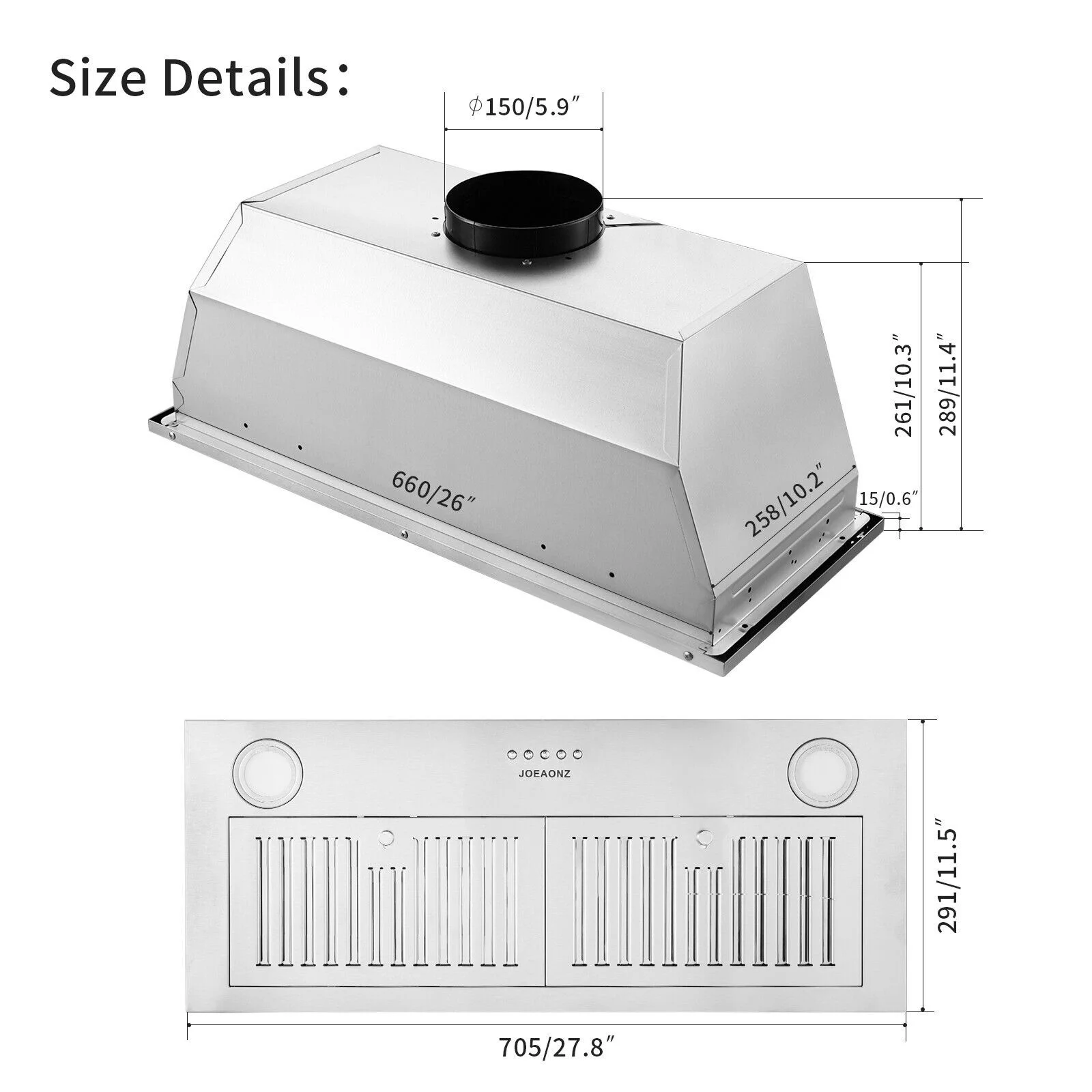 30 inch Inbouw-afzuigkap Zomagas van roestvrij staal, 600 CFM, met LED-verlichting