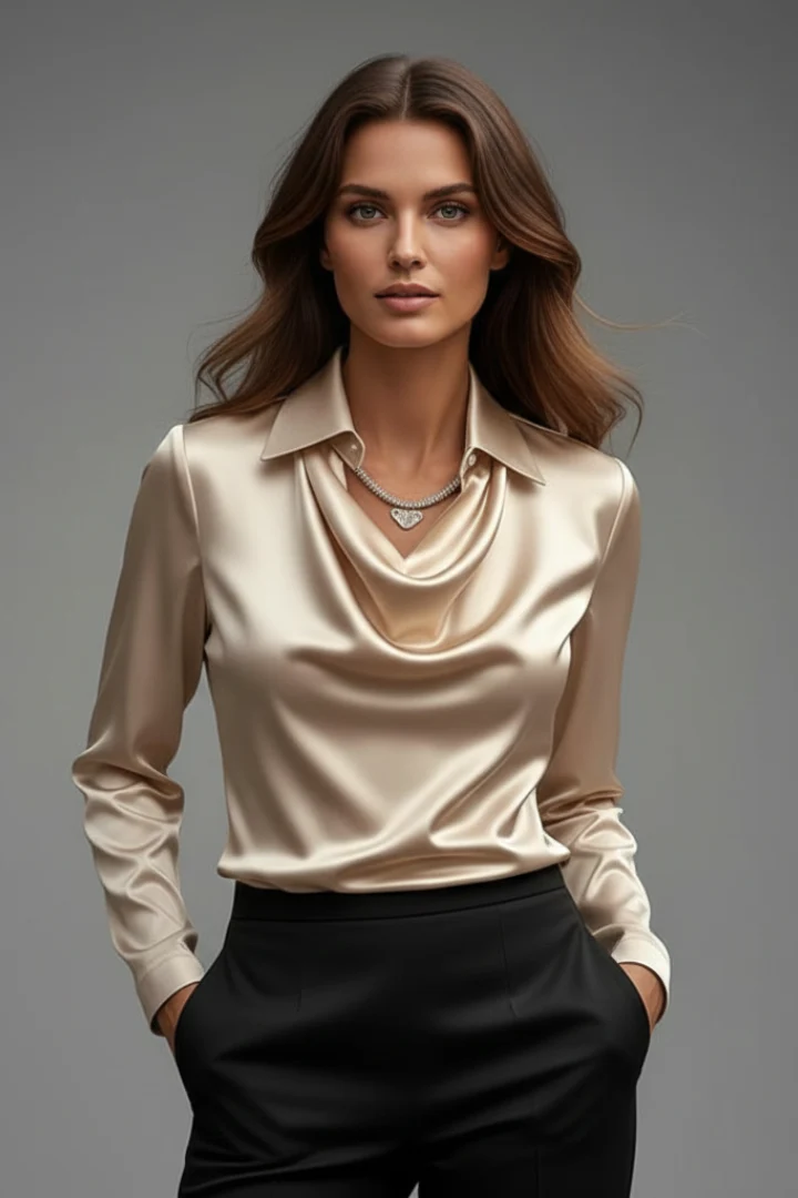 Satinbluse Damen mit Wasserfallausschnitt und Langarm | Elegante Bluse mit flie?endem Fall und geradem Schnitt f��r das Layering