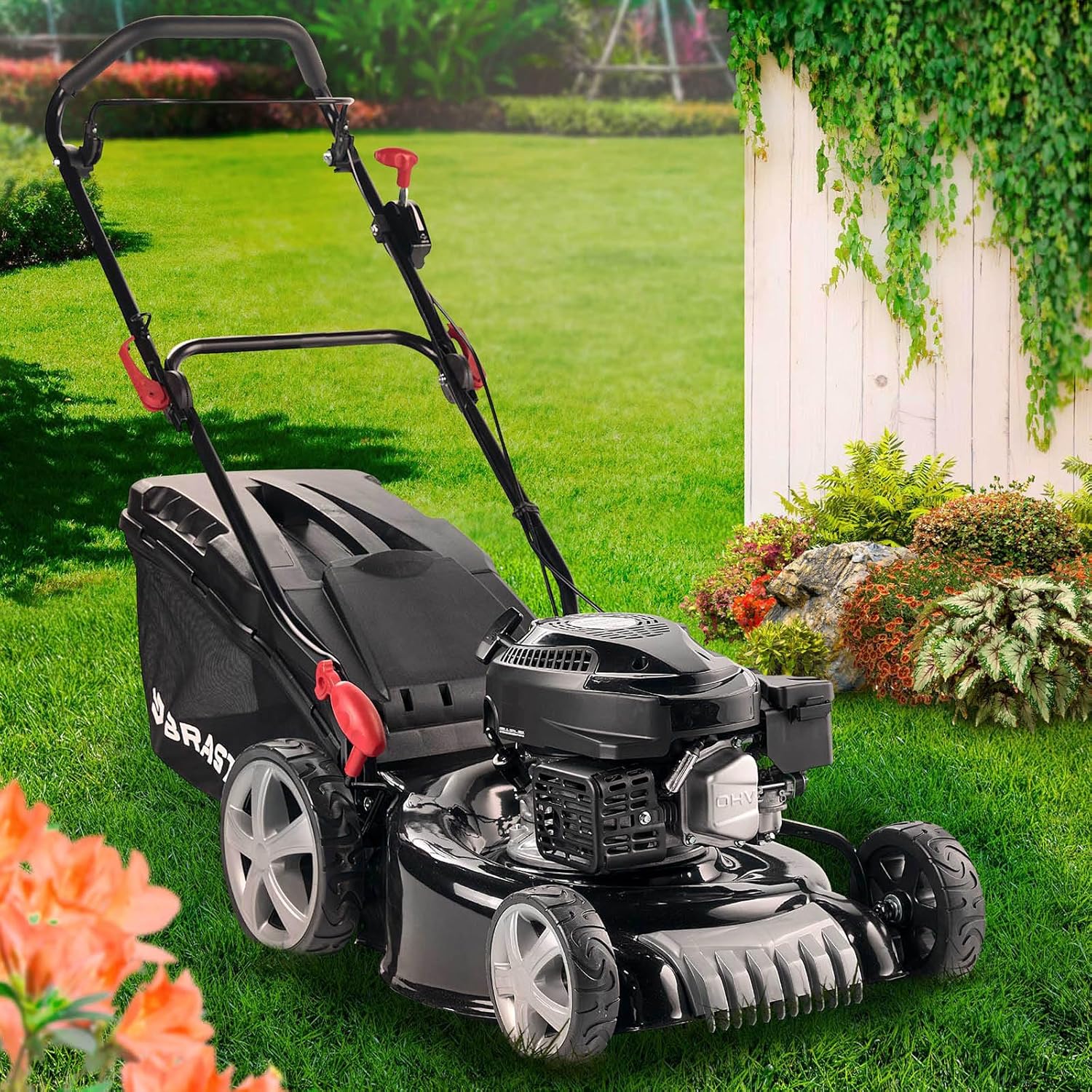 BRAST Benzin Rasenmäher 3,5kW(4,76PS) 46cm Schnittbreite viele Modelle TÜV 4 Takt OHV Motor 30-80mm Schnitthöhe 60L Fangkorb Stahlgehäuse 18170 ECO