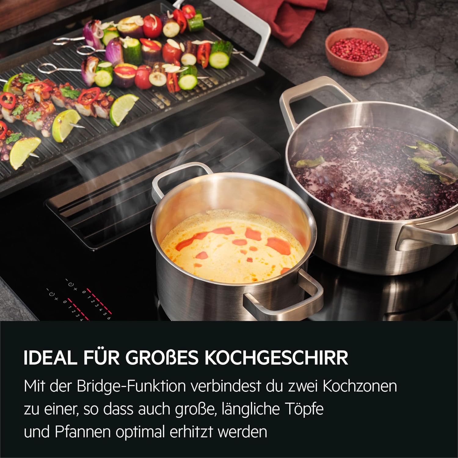 AEG Induktionskochfeld autark 80cm mit Dunstabzug / Made in Germany / 4 Flex-Kochzonen mit Bridge (Kombination 2er Zonen) / Auto-Funktion des Dunstabzugs / Aktivkohlefilter / COLI84COXB