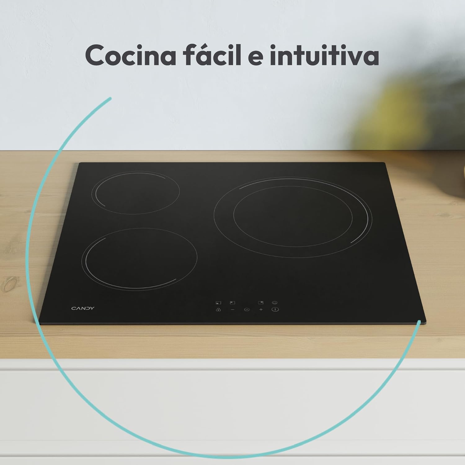 Candy CH63DCC Hob Ceramic Hob 60 cm, 3 Cooking Zones, Double 30 cm Paella Pan, Touch Control, 9 Power Levels, Safety System, Black