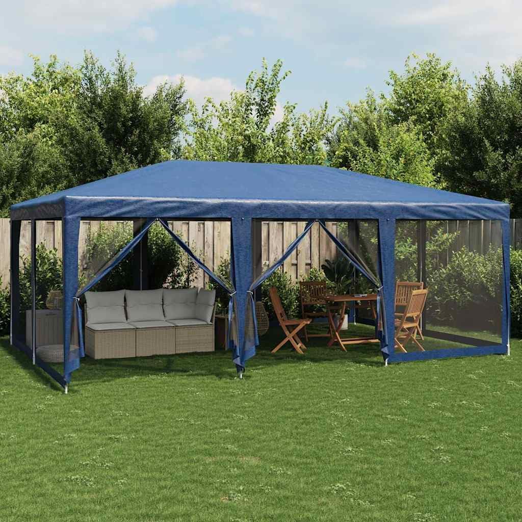 Party Pavillon 6x4 m Blau Gartenlaube HDPE mit 10 Mesh-Seitenteilen für Garten Terrasse Balkon Grillfest Hochzeit robust wasserdicht UV-beständig 600x400x280 cm