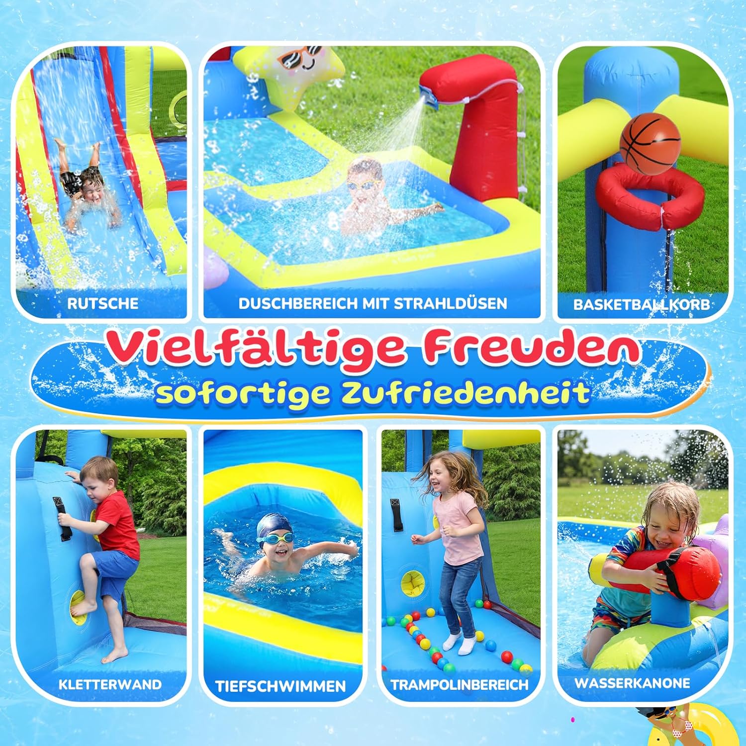 Bonnlo hüpfburg Indoor/Outdoor, hüpfburg mit Gebläse und Troken-/Wasserrutsche, Spielhaus Outdoor für Kinder ab 3 Jahre (Blau-XXL)