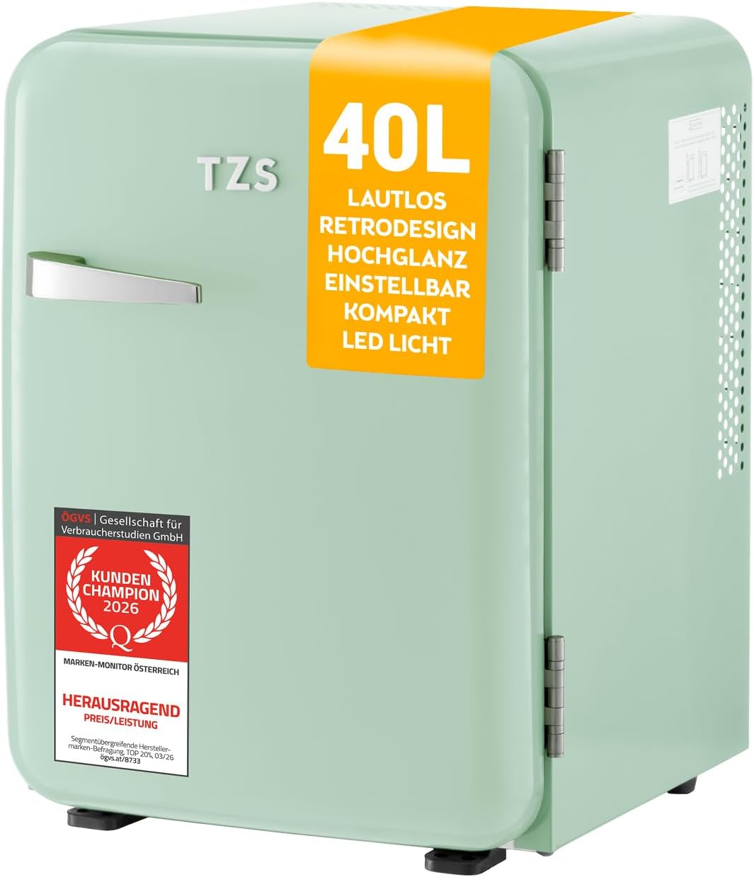 TZS First Austria - Retro Mini Kühlschrank 40L - Lautlos - Vintage Minibar für Schlafzimmer & Büro - mint