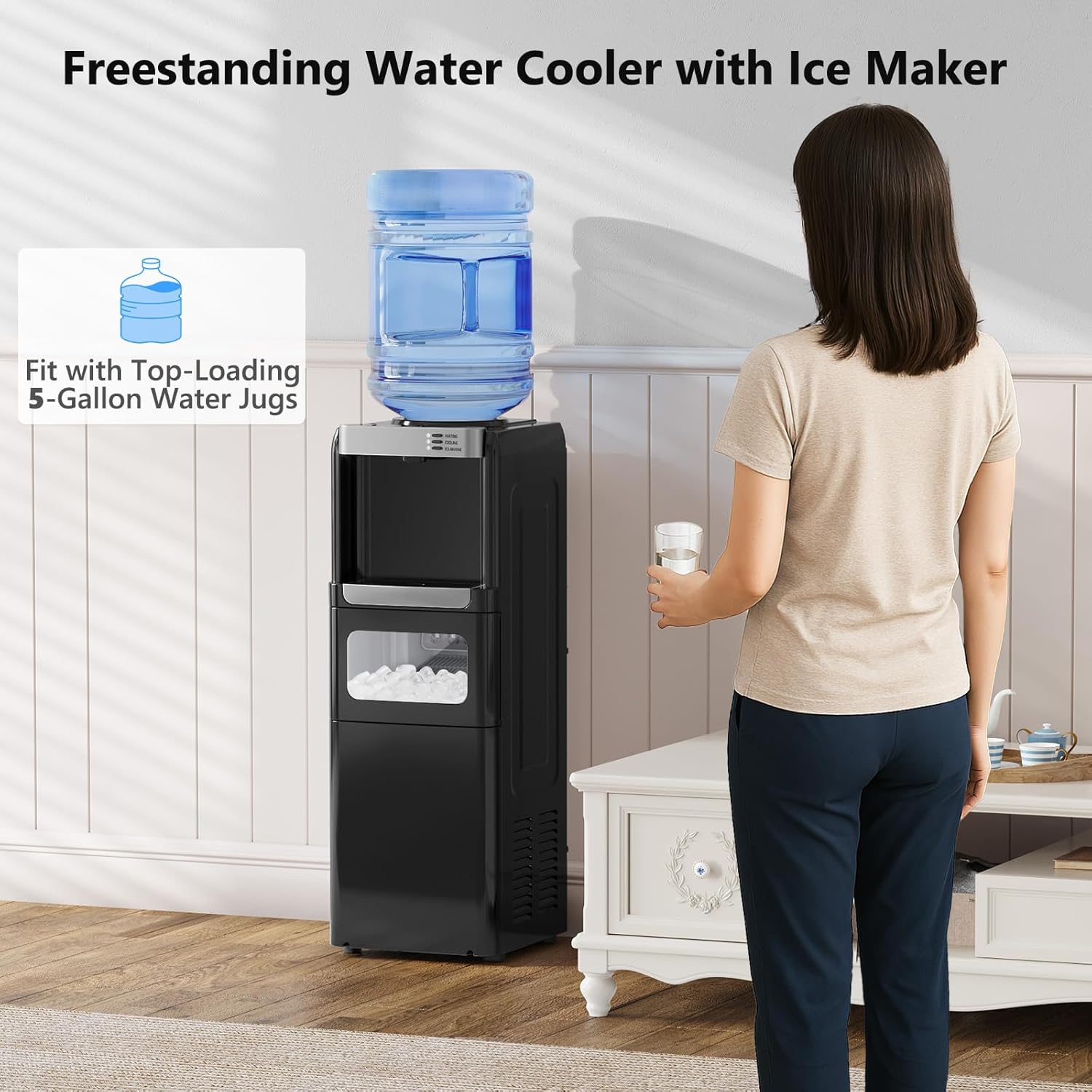 Top Loading Water Dispenser with Ice Maker, Hot & Cold, 5 Gallon, Child Lock, Black